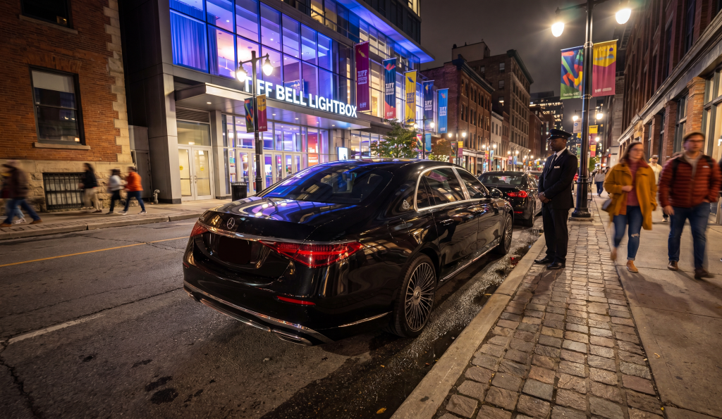 Maybach S680 establishing shot at Bell Lightbox King Street night atmosphere