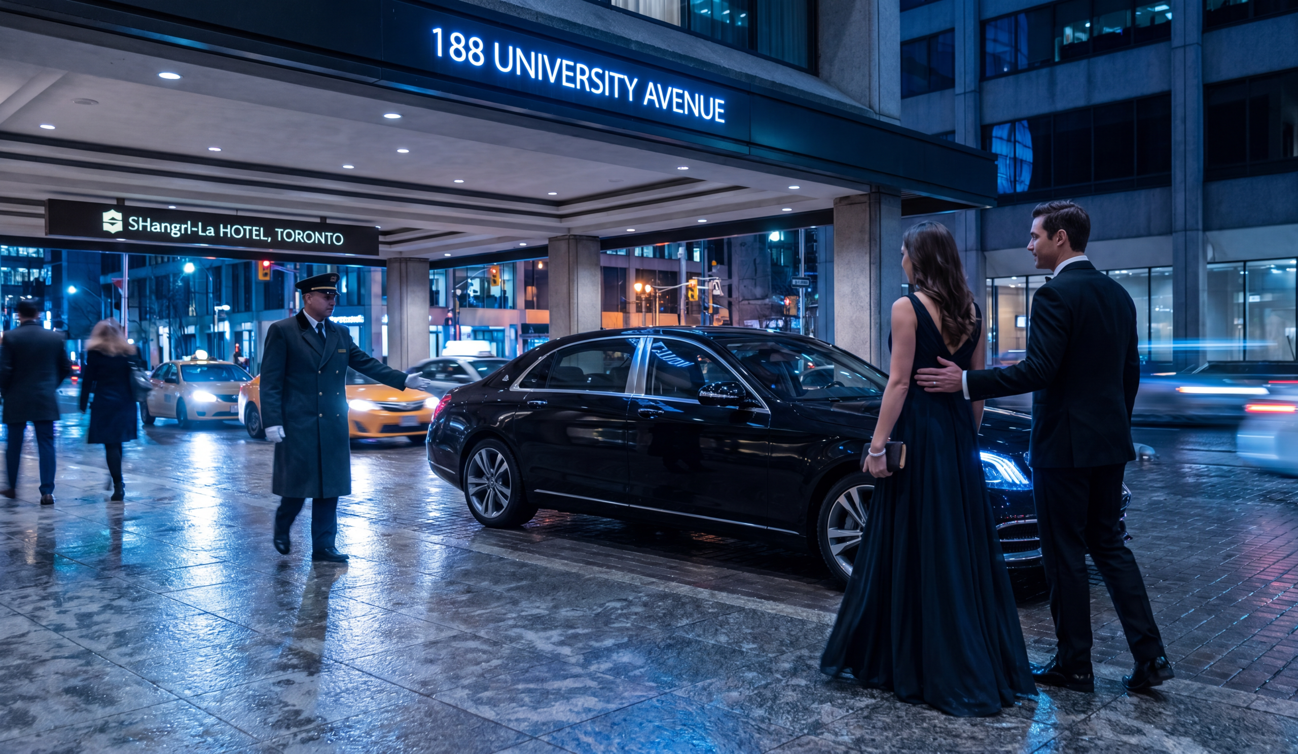 Escalade returning to Shangri-La hotel late at night with couple