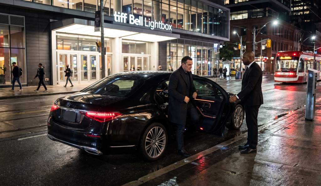RM Locations 10 Mercedes S-Class at Bell Lightbox night kerb for solo executive transfer