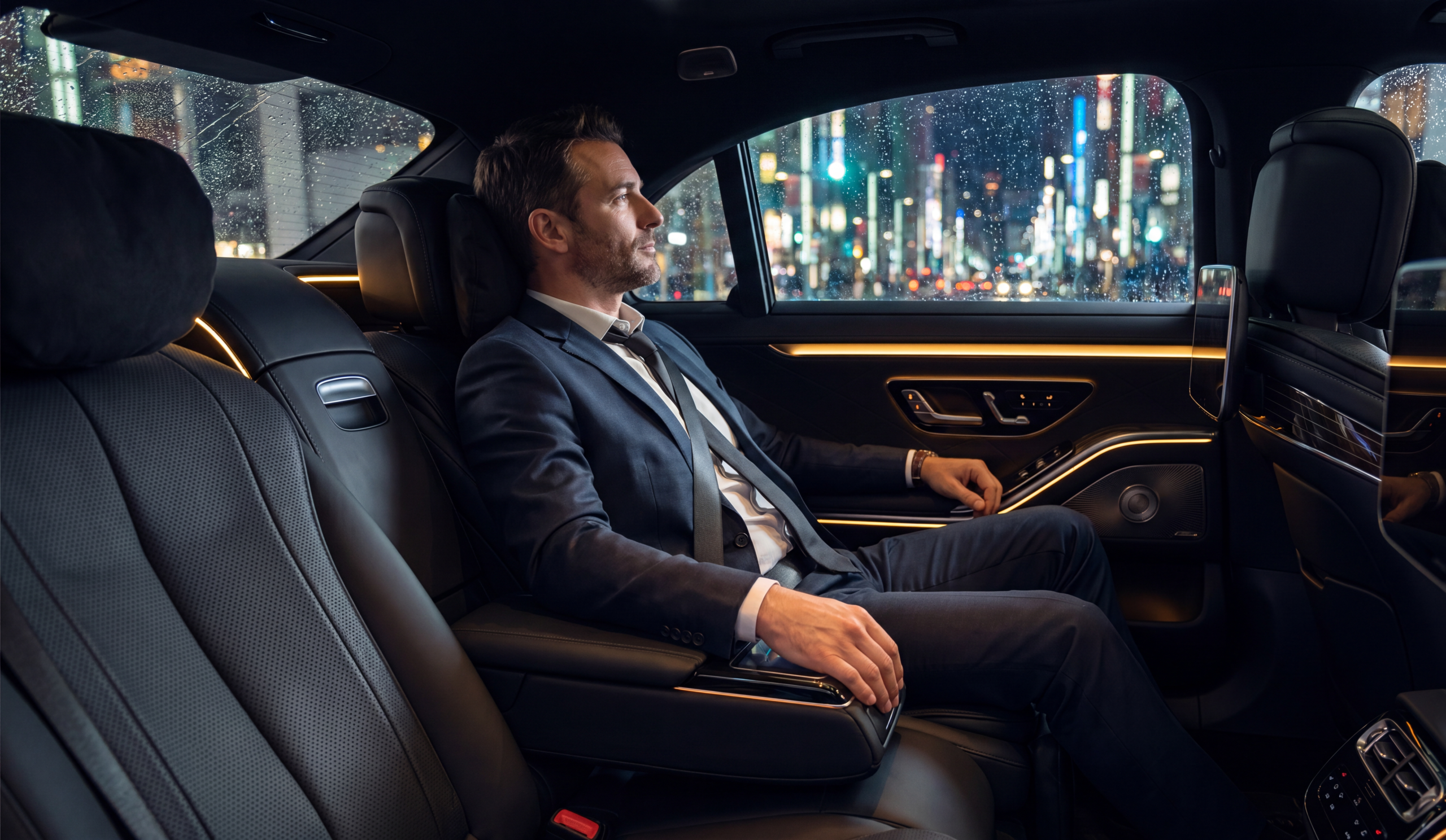 S-Class interior solo passenger at night with city through window
