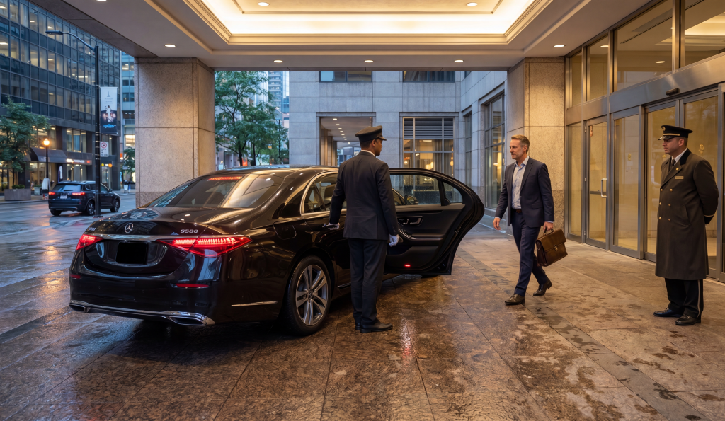 S-Class S580 at Shangri-La Toronto porte-cochere at dusk before gala