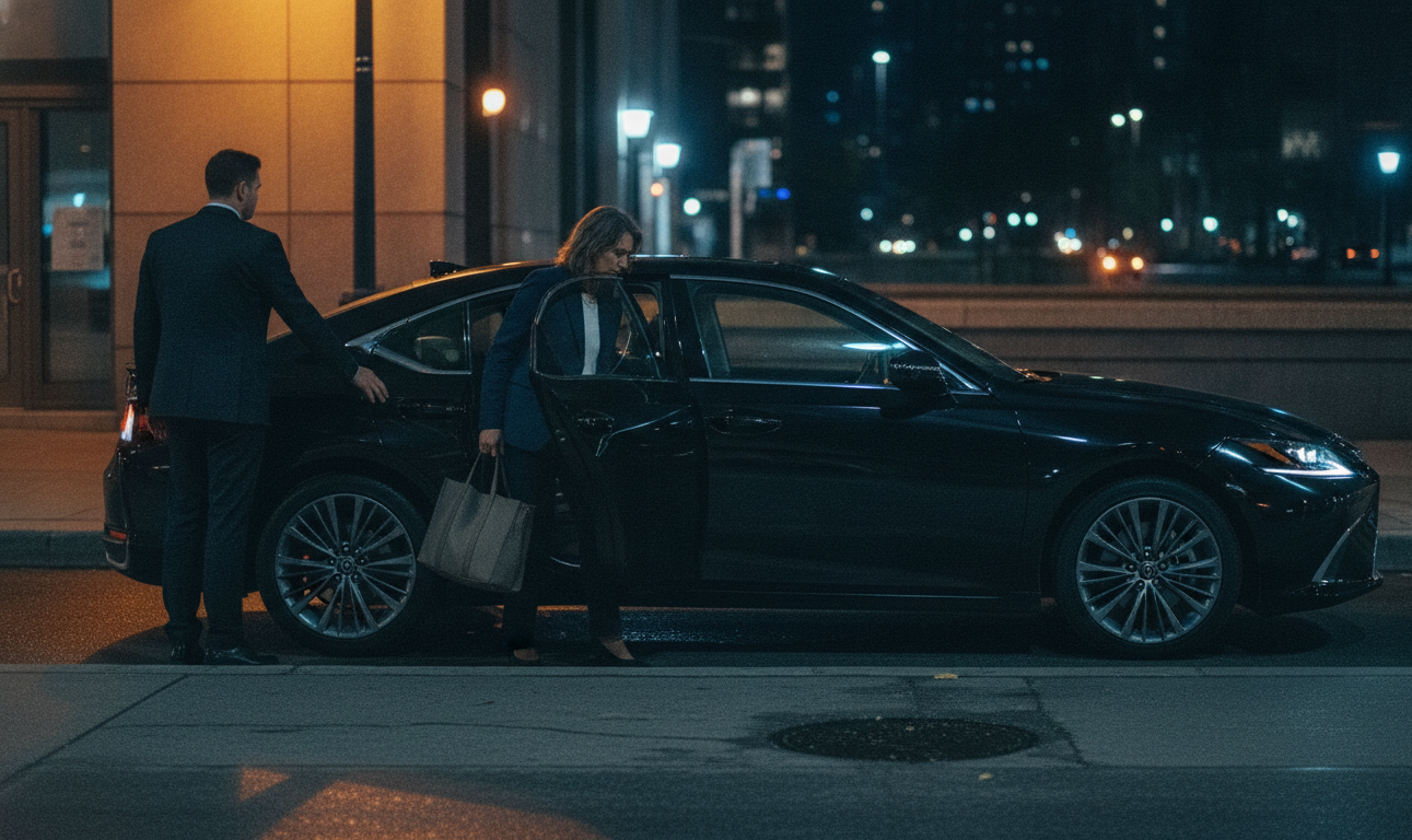 Bruno Mars Toronto Concert Transportation - The Romantic Tour 2026 7 Black sedan kerbside at night with chauffeur, downtown Toronto