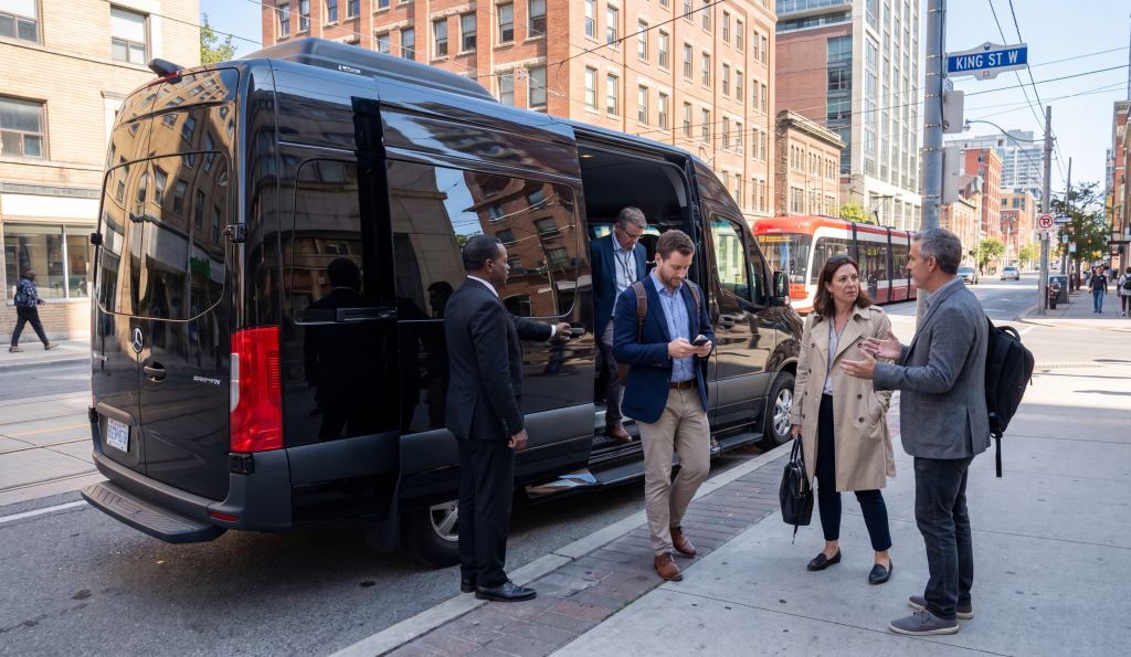 Sprinter van with press professionals boarding at King Street morning during TIFF