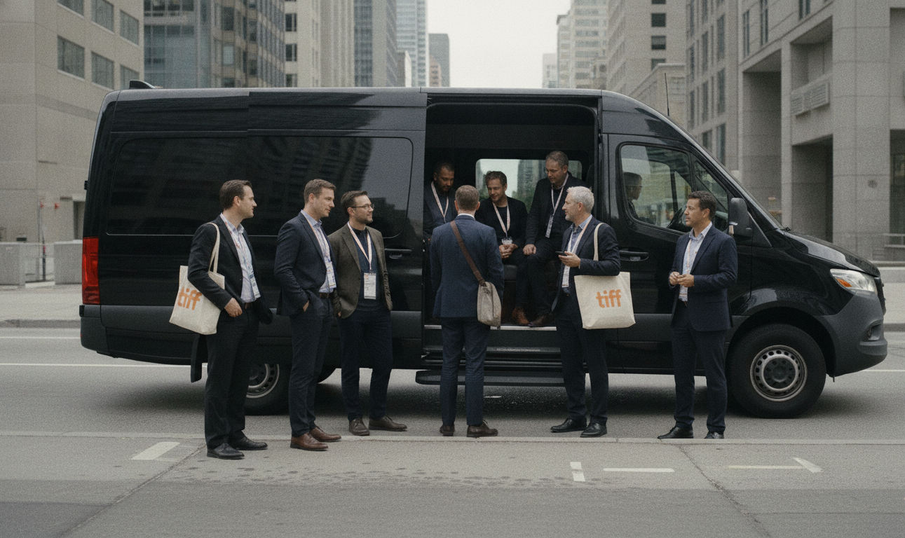 Group of professionals in business attire boarding a black Mercedes Sprinter on a downtown Toronto street in daylight