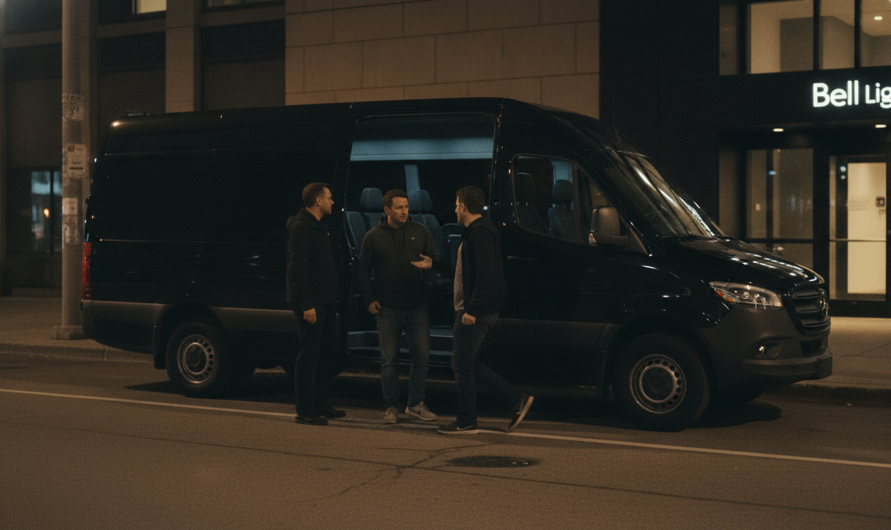 Black Mercedes Sprinter staged kerbside at night with 3 passengers boarding after a downtown Toronto show