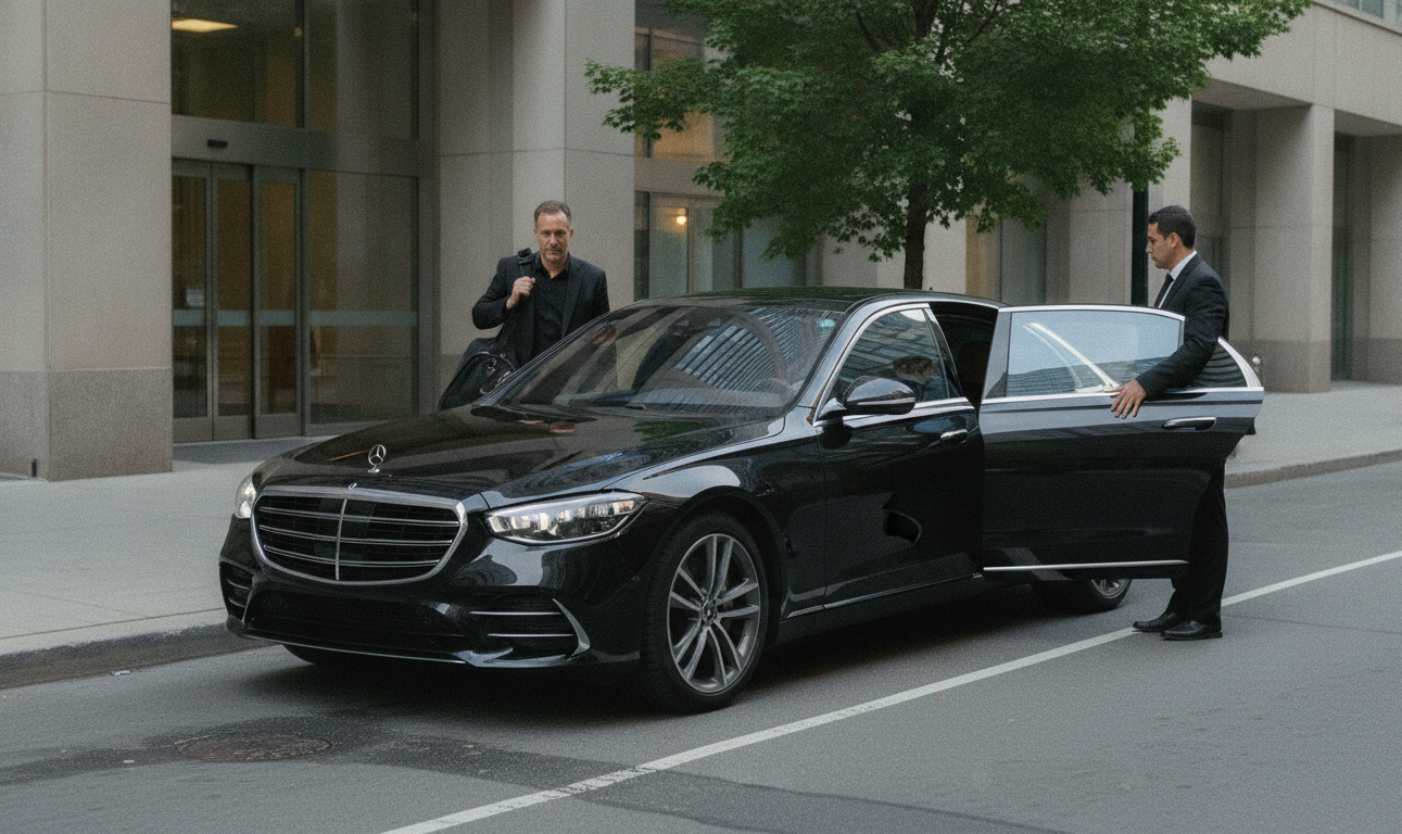 US-Canada Border Crossings for Group Trips: Bridges and Wait Times 6 A chauffeur holds the rear door of a black Mercedes S-Class as a traveler carrying a bag approaches at a downtown kerb
