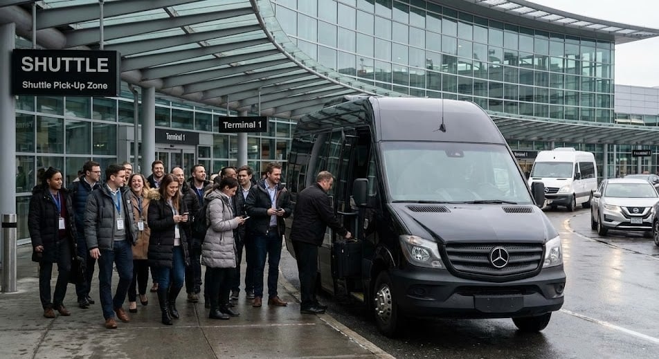 Group of fifteen boarding a black Sprinter van at the Terminal 1 shuttle pick-up zone
