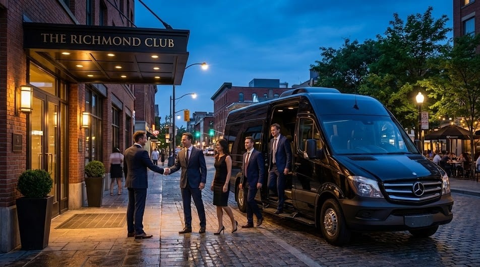 A black mini coach at the side entrance of an upscale Toronto restaurant at dusk, a small group in evening wear gathered on the sidewalk beside the open door.