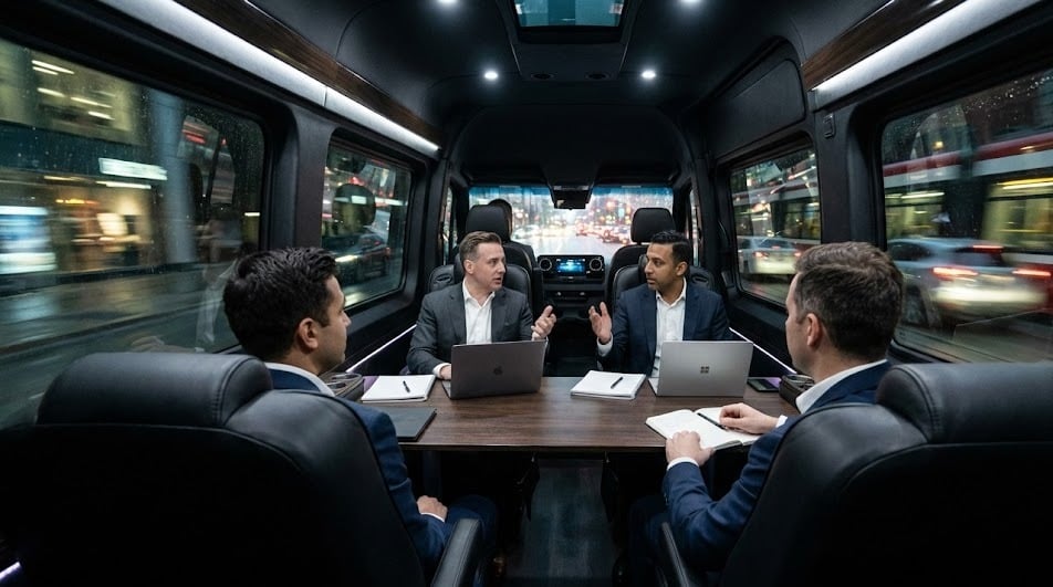 Sprinter Van Contract & Corporate Account Rates in Toronto 7 Three professionals seated around a fold-out cabin table inside a black Executive Sprinter, reviewing printed materials and a laptop while the city passes outside at night