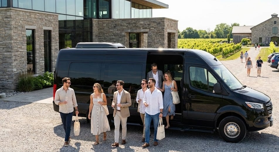 Black Sprinter VIP van parked at a Niagara-on-the-Lake winery during a group wine tour