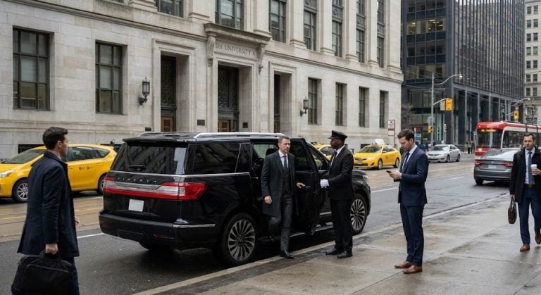 Black Lincoln Navigator at a downtown Toronto office kerb, uniformed chauffeur opening the rear door
