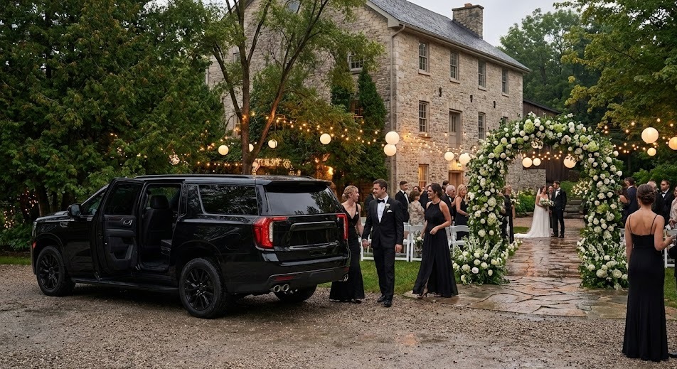 Black GMC Yukon XL at a stone-mill estate garden at dusk, formally dressed guests arriving