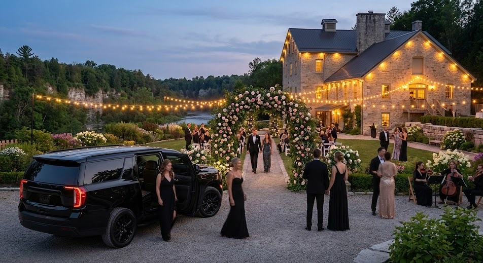 Black SUV at a stone-mill wedding garden at dusk with black-tie guests arriving under string lights