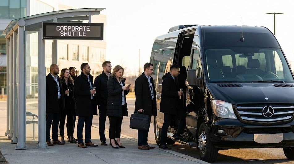 Staff loading carry-on luggage into a black Sprinter shuttle with an Escalade alongside