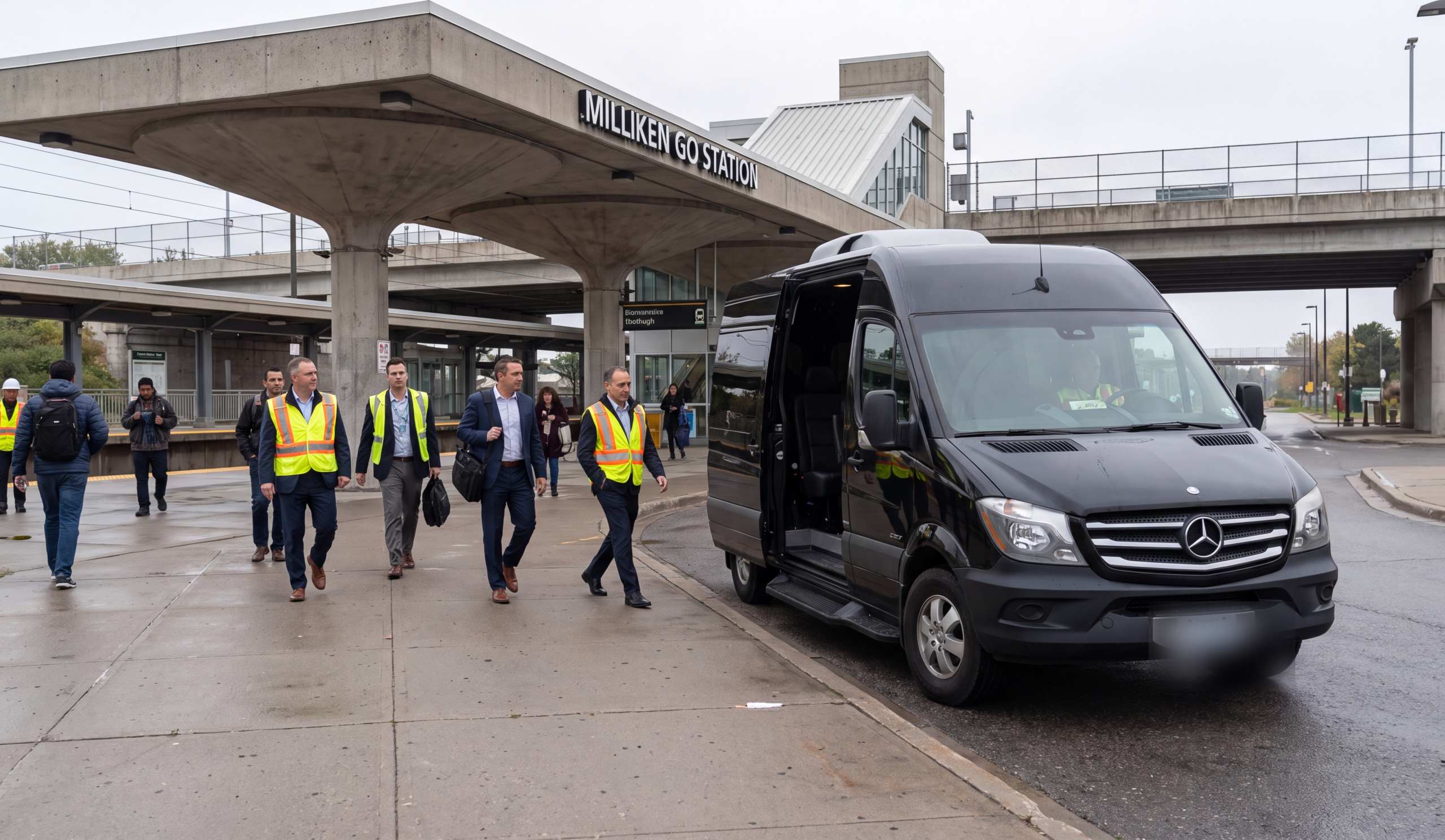 A group of professionals in high-visibility vests walking toward a black Sprinter van waiting at a Toronto GO station pickup area