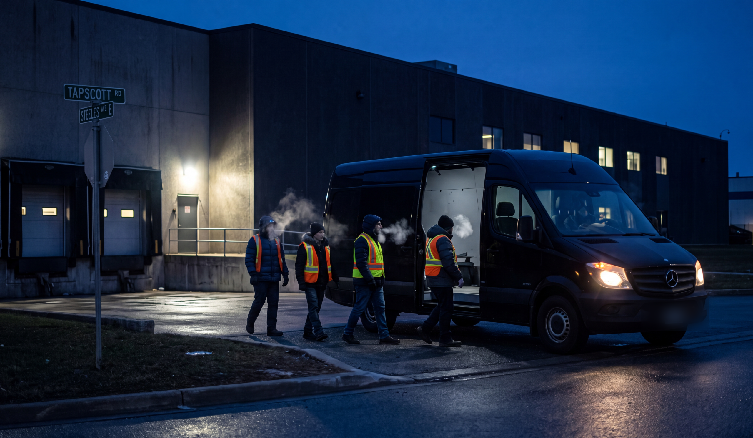 Warehouse shift workers boarding a black Mercedes-Benz Sprinter in pre-dawn darkness on Tapscott Road, Scarborough
