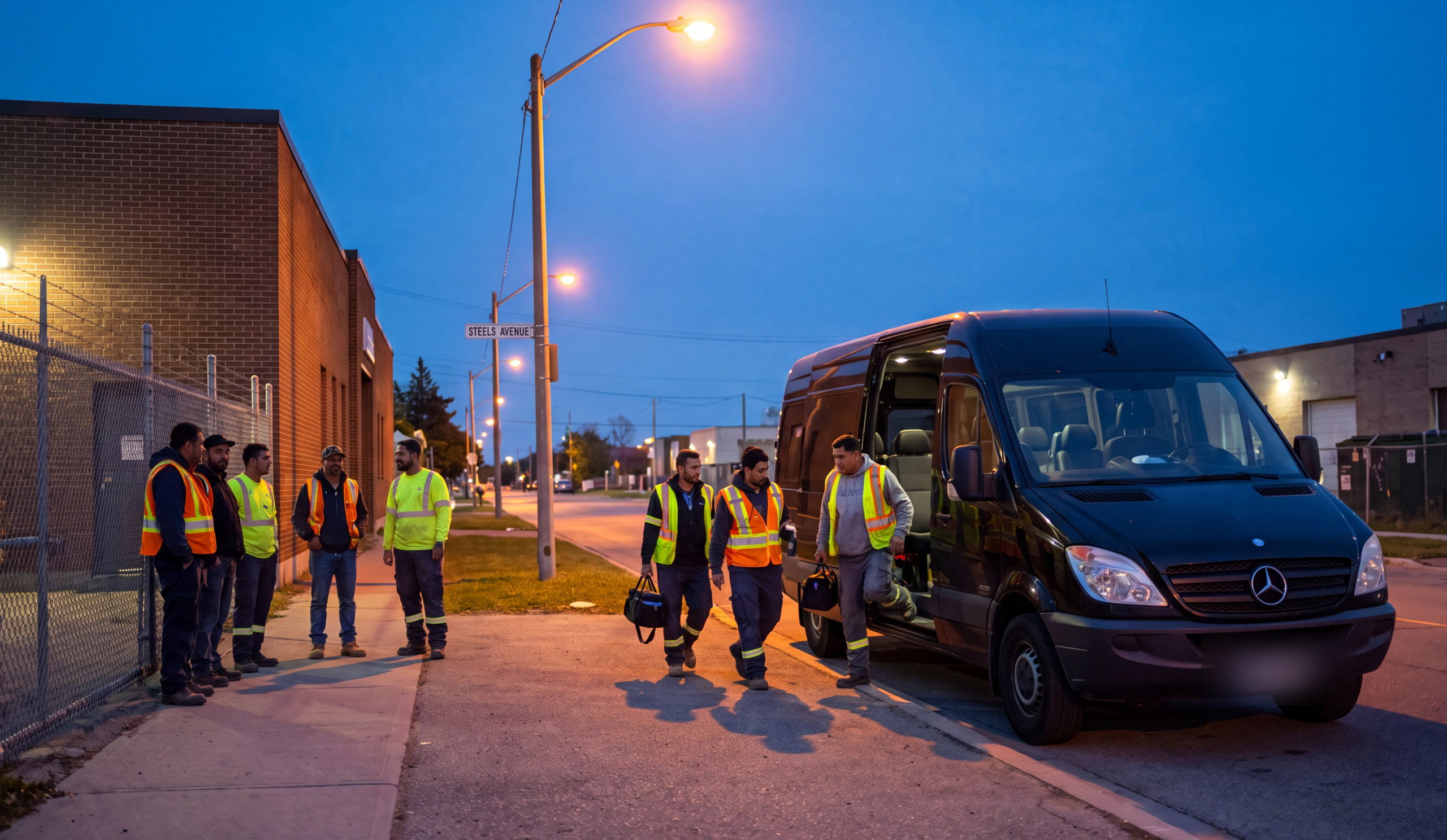A crew in high-visibility vests walking toward a black Sprinter van parked on a quiet street at dusk