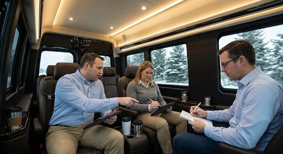 Executives working at fold-out trays inside a chauffeured executive Sprinter van