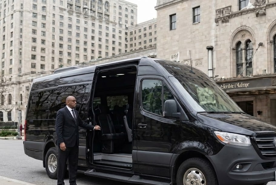 Chauffeur holding the door of a black Mercedes Sprinter passenger van in downtown Toronto