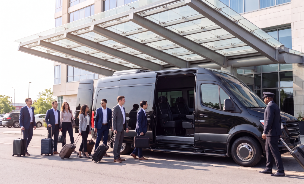 Black Mercedes-Benz Sprinter at a hotel portico while a business group with rolling bags boards