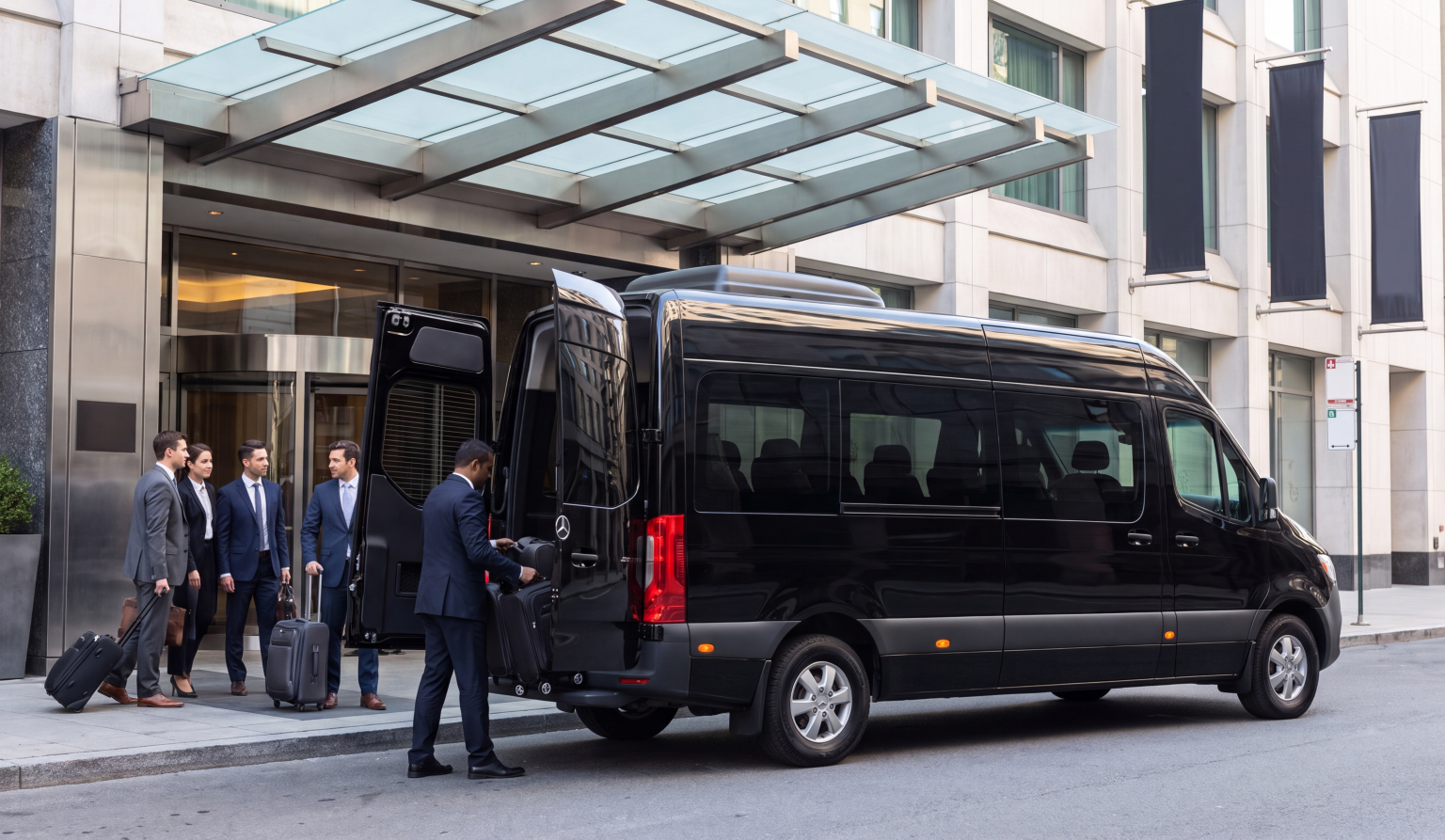 Black Mercedes-Benz Sprinter parked under a hotel portico with a chauffeur loading luggage while four business travelers in suits wait beside the open door