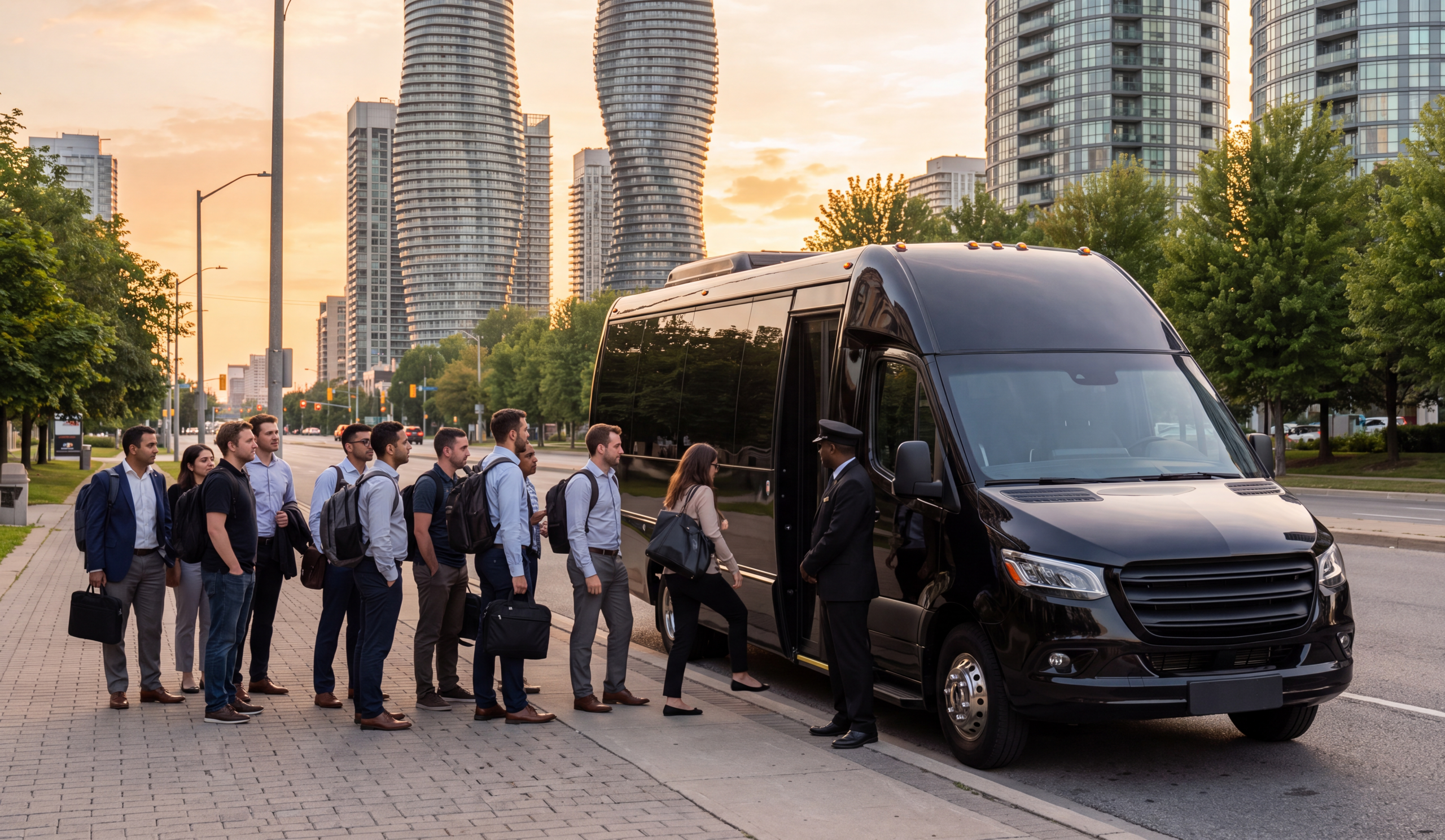 Corporate Minibus Service in Mississauga 1 Black corporate minibus collecting a Mississauga business group near the City Centre towers
