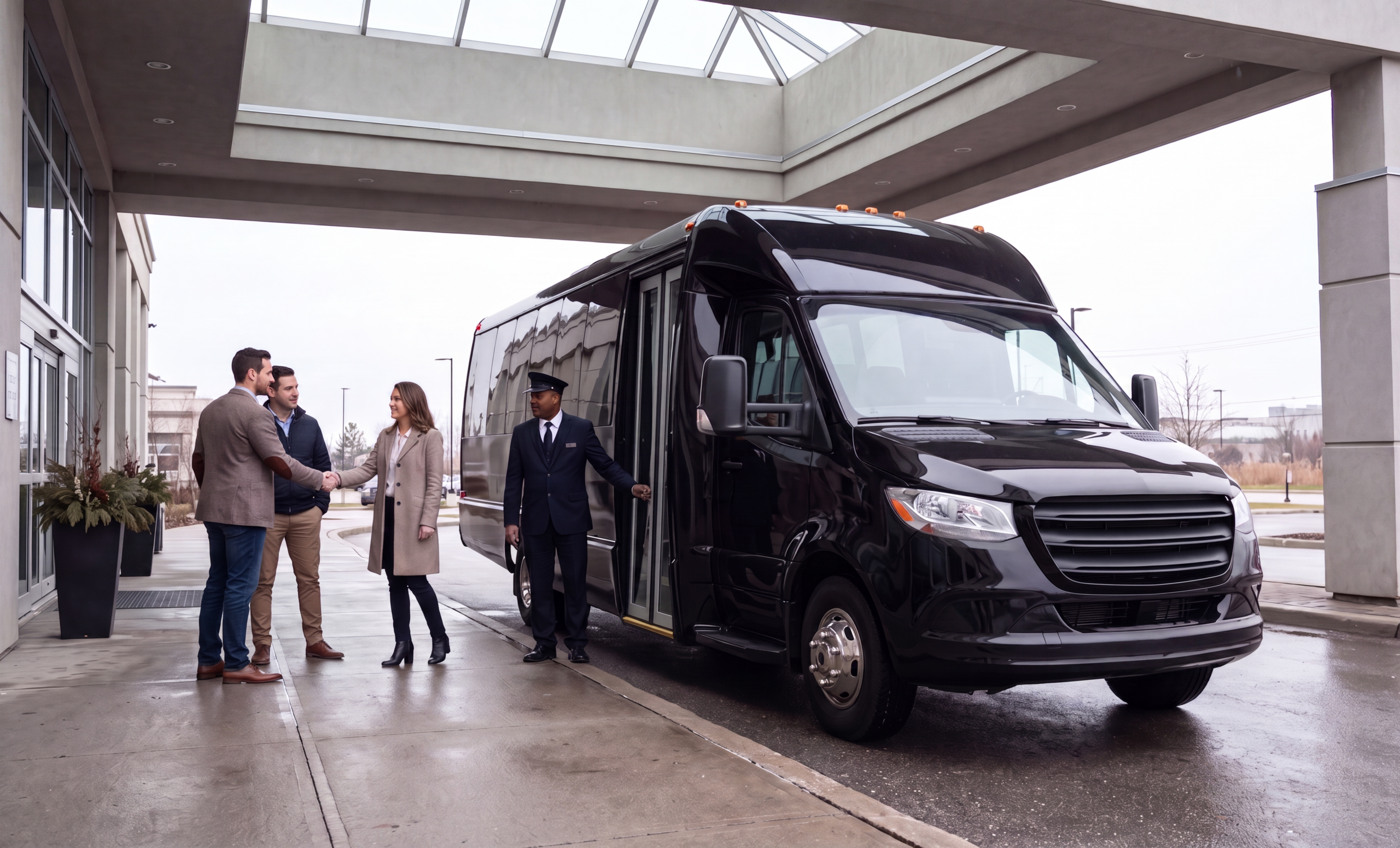 Corporate Minibus Service in Mississauga 6 Black corporate minibus staged under a Mississauga hotel portico for a client day program