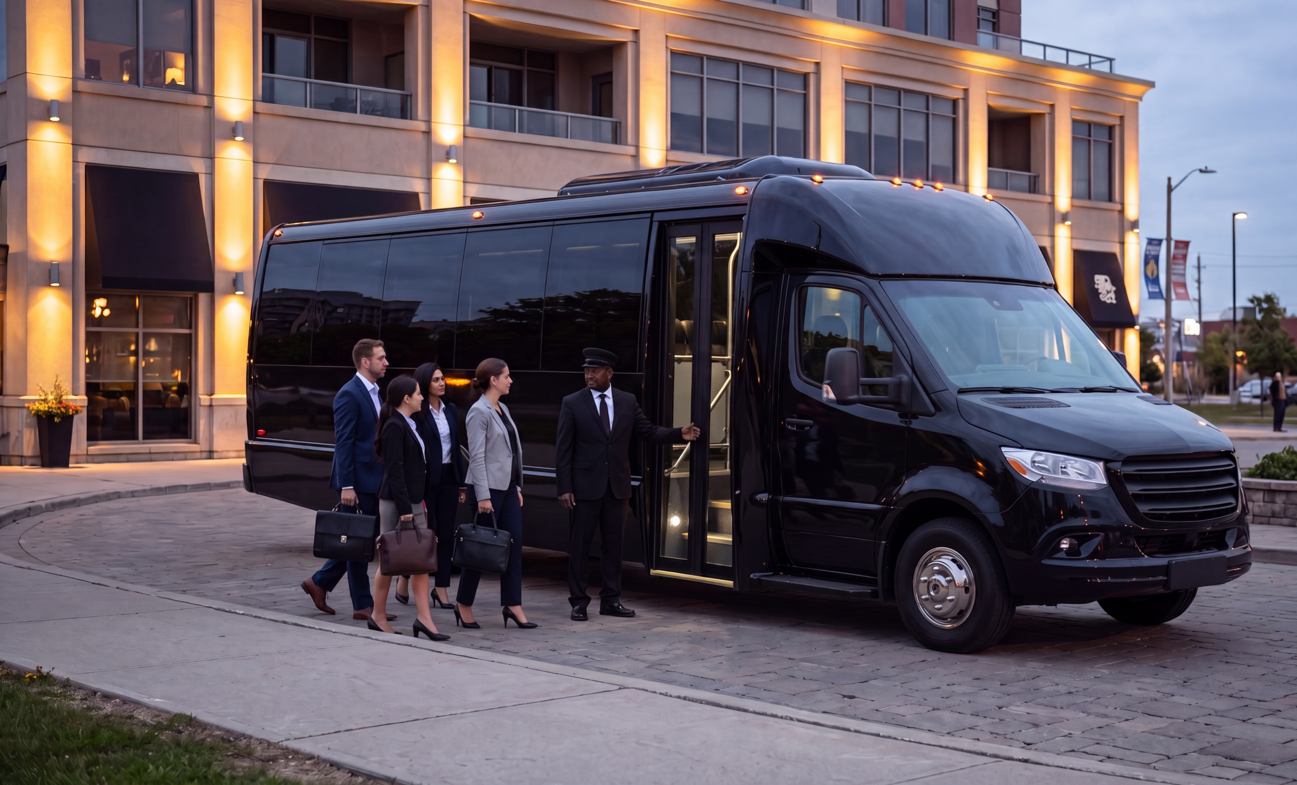 Corporate Minibus Service in Mississauga 7 Black corporate minibus at a Mississauga restaurant valet stand at dusk