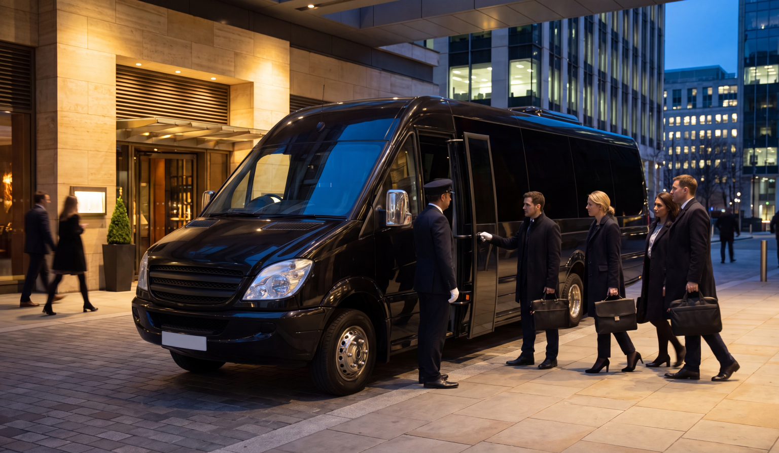 A group of business travelers with briefcases boarding a black executive shuttle van at night outside a hotel entrance while a chauffeur holds the door open