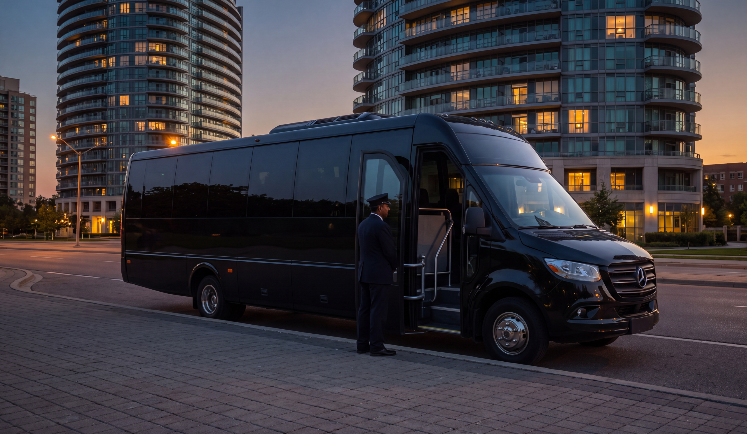 Corporate Minibus Service in Mississauga 9 Black corporate minibus parked with the Mississauga City Centre skyline behind at dusk