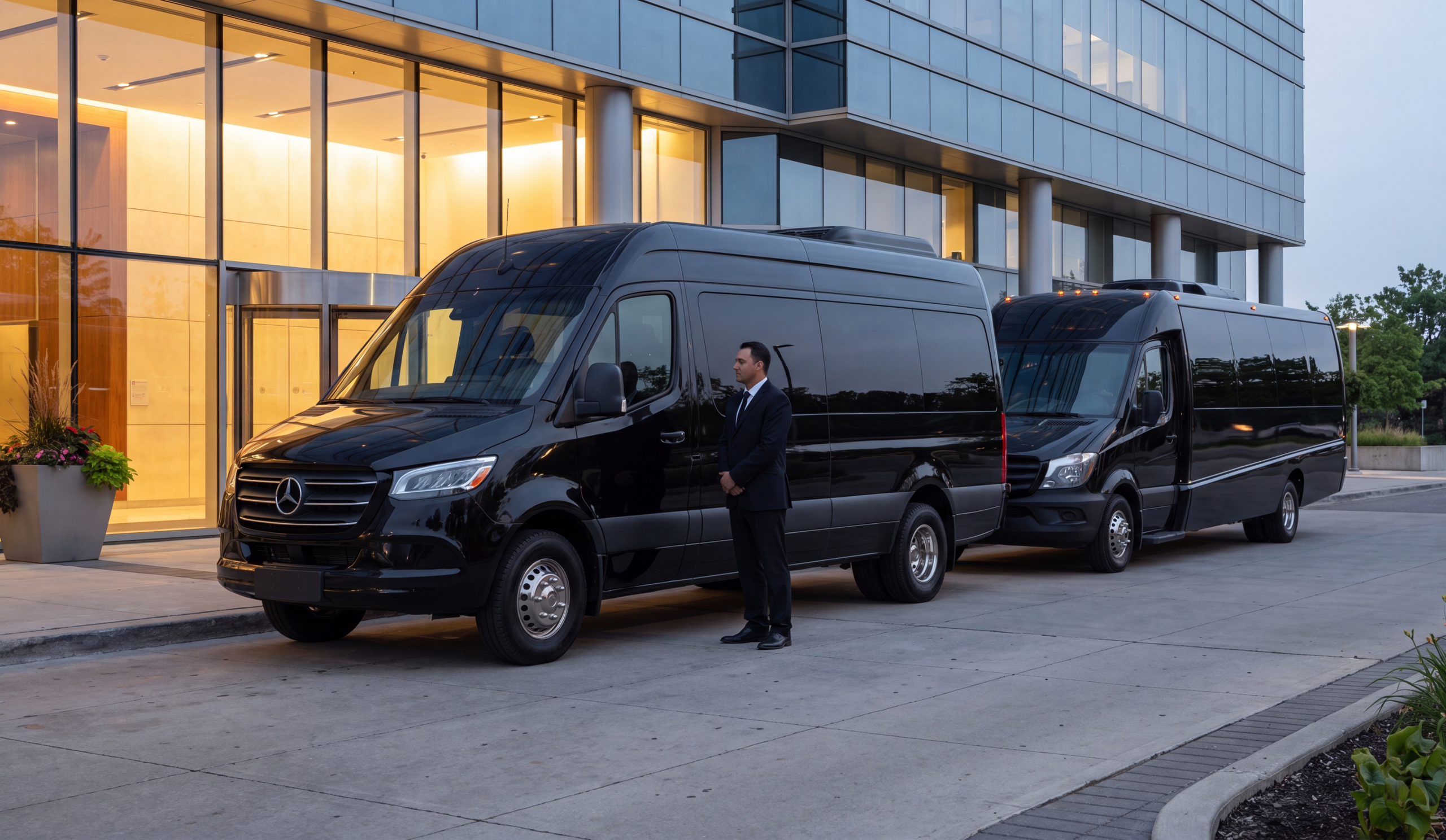 Billy Bishop Airport Private Car Service 6 Two black executive Mercedes-Benz Sprinter vans staged kerbside at a downtown Toronto tower, private and group transfer options