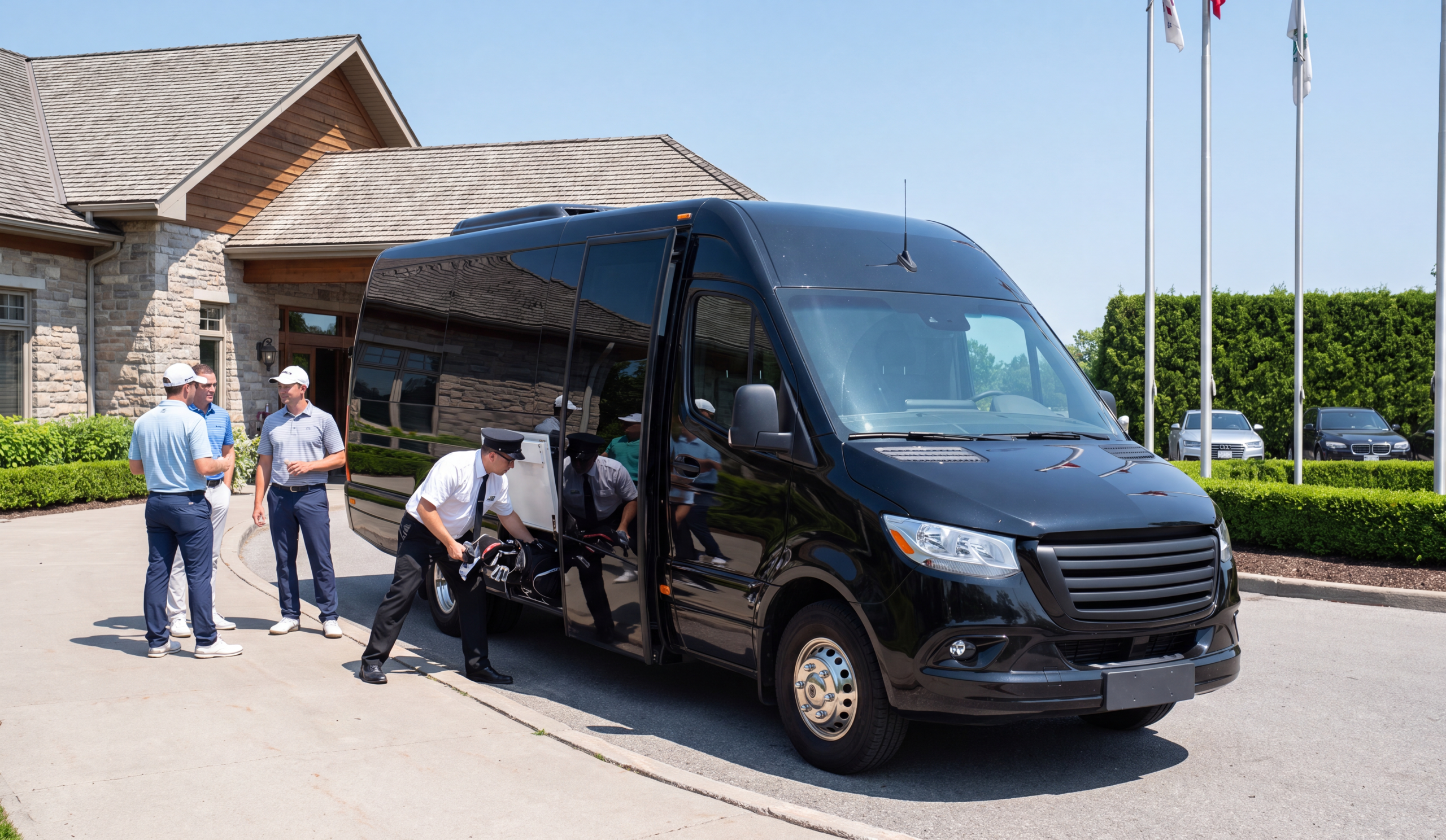 Chauffeur loading golf clubs into a Mercedes Sprinter outside a stone clubhouse