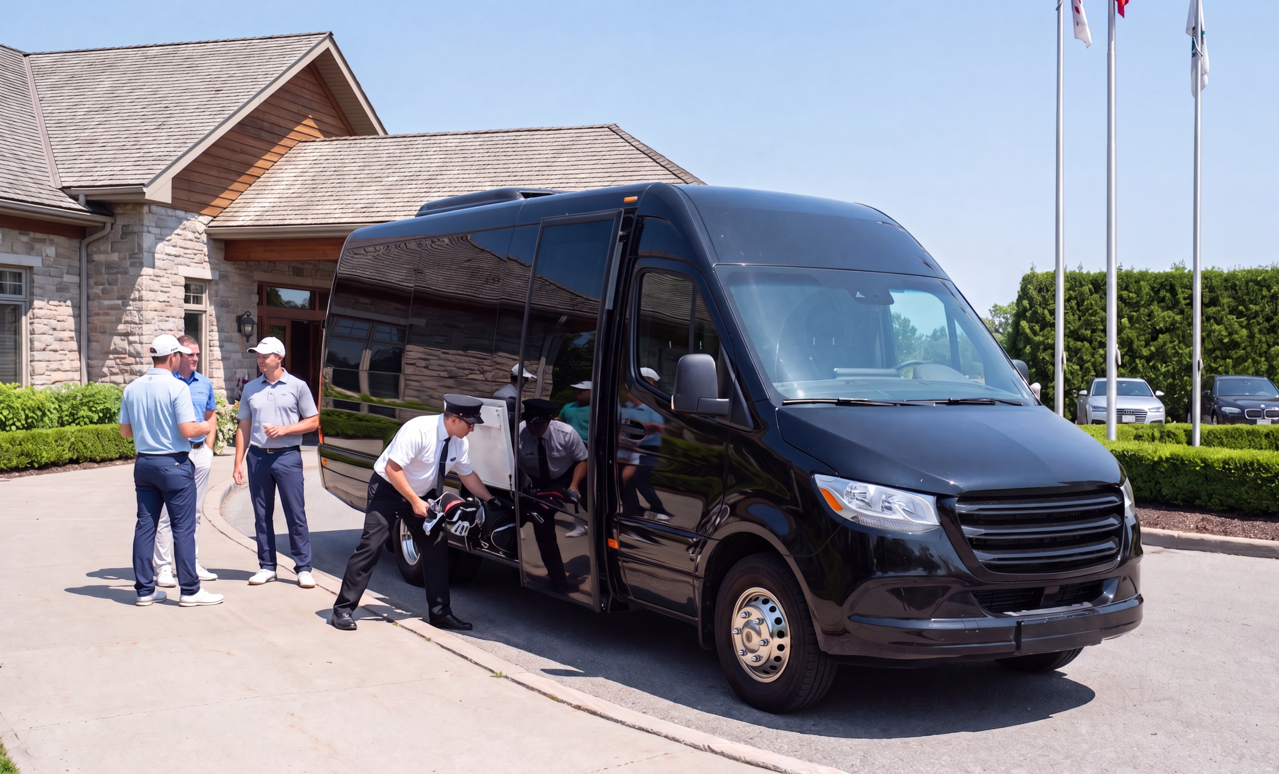 Corporate Minibus Service in Mississauga 4 Black minibus loading golf bags outside a Mississauga-area golf clubhouse