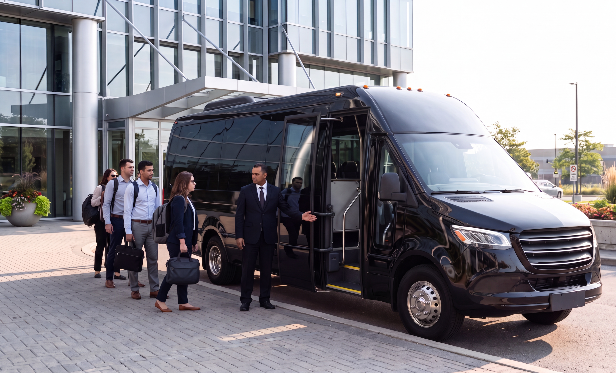 Black Mercedes-Benz Sprinter at an office building on a bright morning