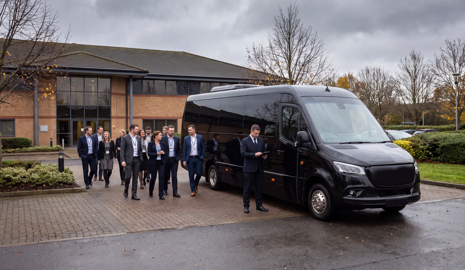 A group of conference attendees wearing name badges walking toward a black executive shuttle van parked outside a suburban business park building on an overcast day