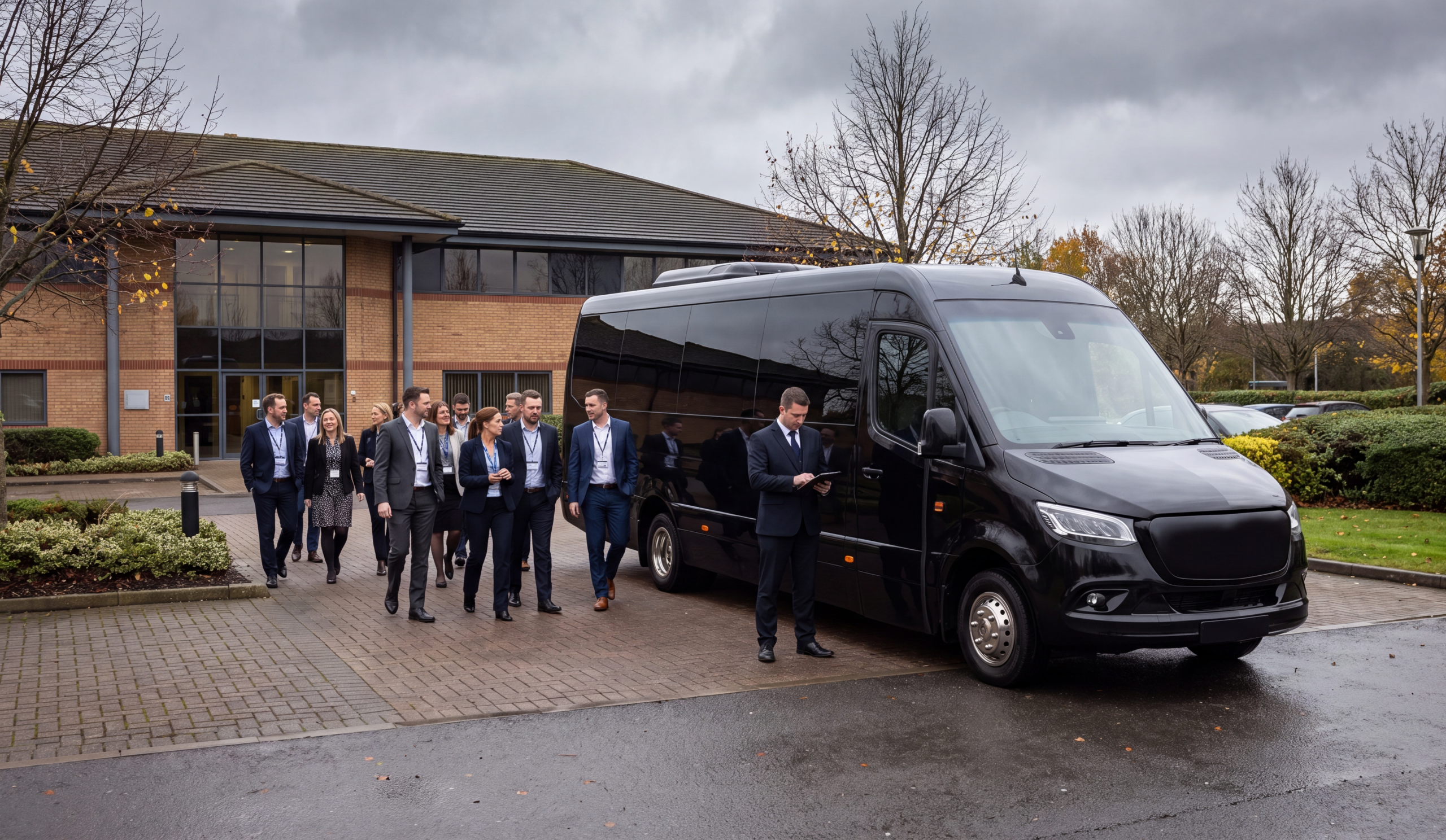 Corporate Minibus Service in Mississauga 2 Black corporate minibus staged outside a Meadowvale Business Park conference facility