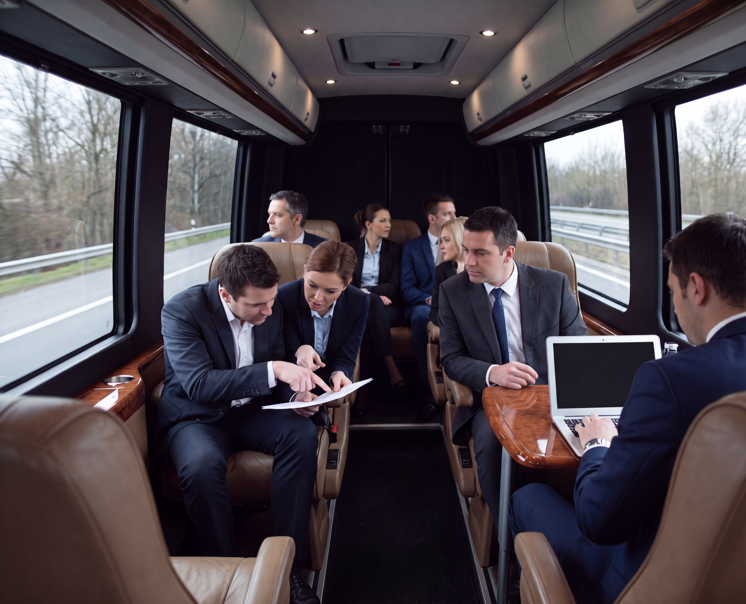 Inside a black minibus, a group seated around the cabin working during the drive