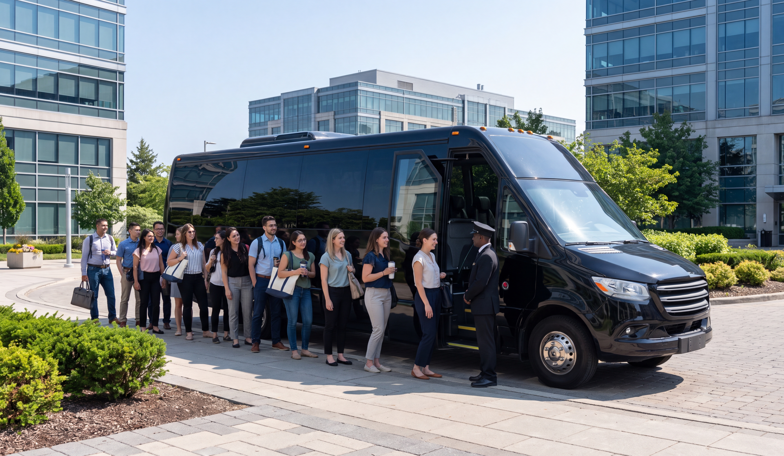Corporate Minibus Service in Mississauga 5 A team departing on a black minibus offsite from a Mississauga office park
