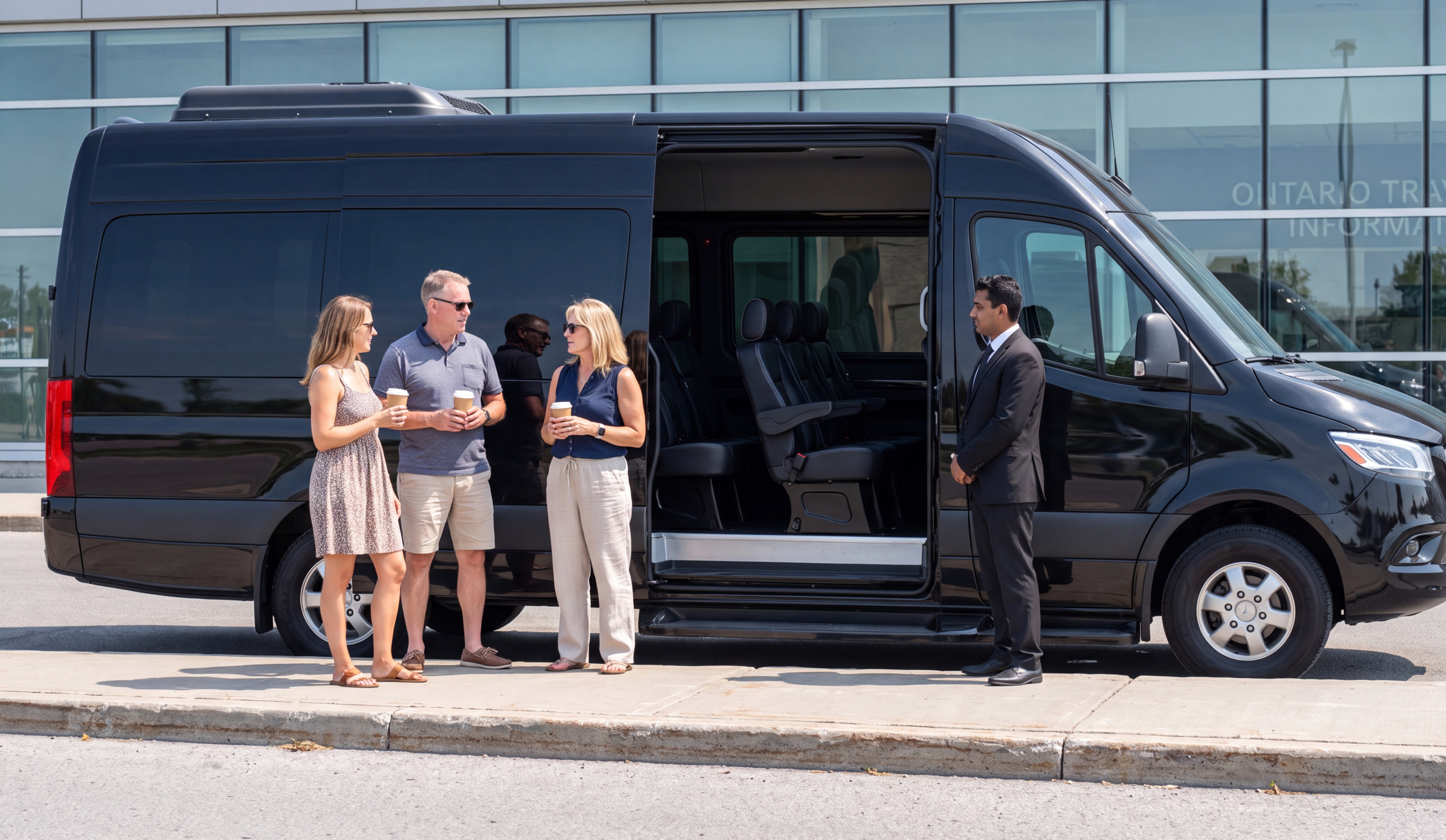 Prince Edward County Group Wine Tastings & Day Trip Transportation 2 A group of friends in casual weekend clothes drinking coffee beside a black Sprinter van at a highway rest stop