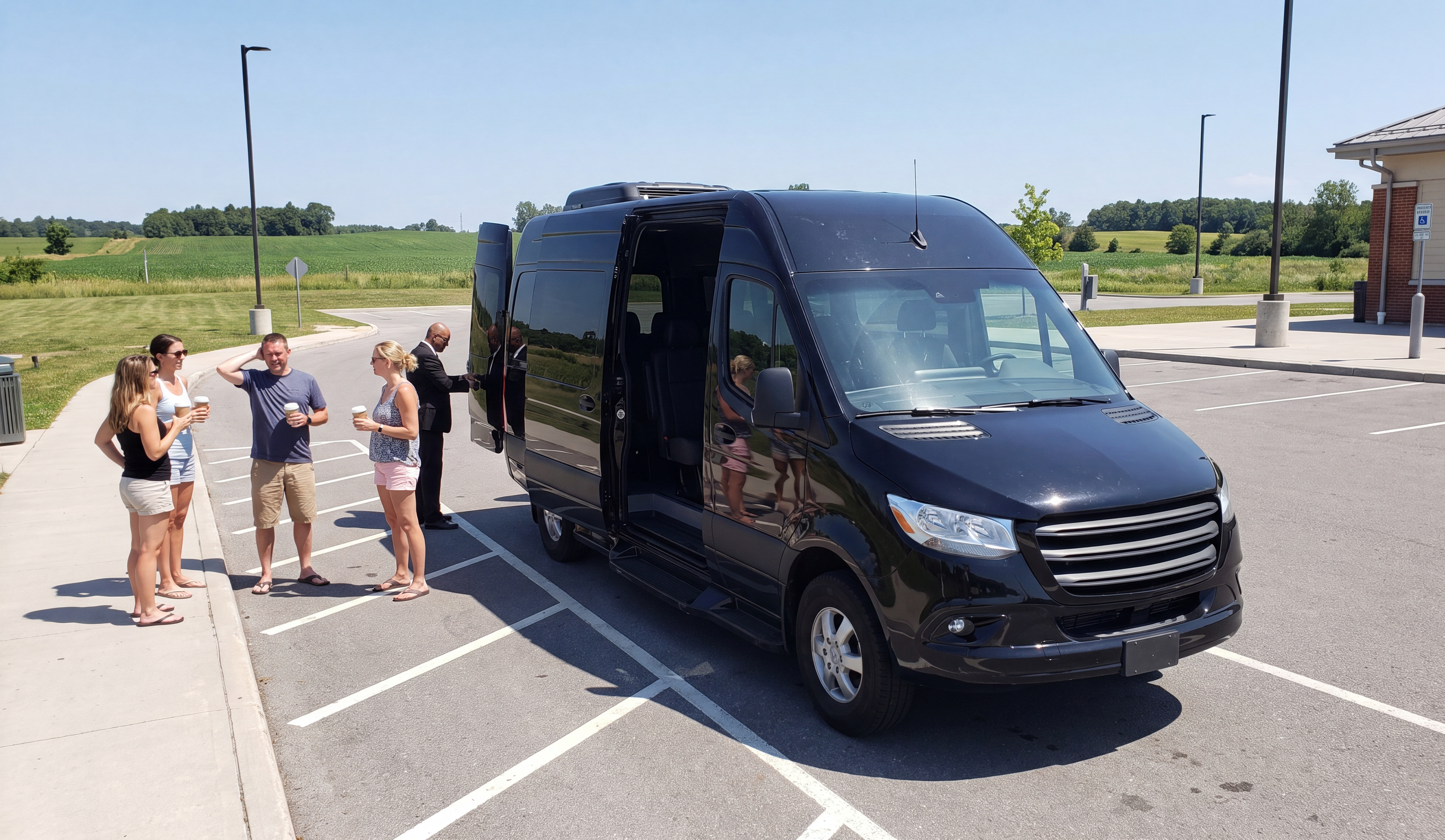 Prince Edward County Group Wine Tastings & Day Trip Transportation 3 A group in summer casual clothes with coffee cups beside a black Sprinter van parked at a rural highway rest area
