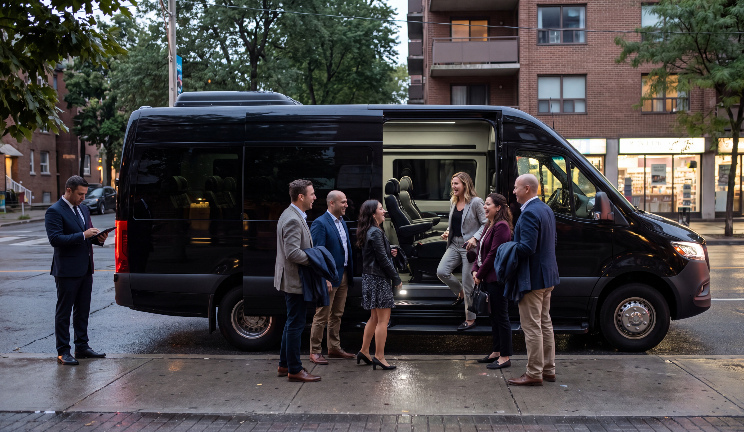 A group of colleagues boarding a black Sprinter van outside a residential building with a driver assisting