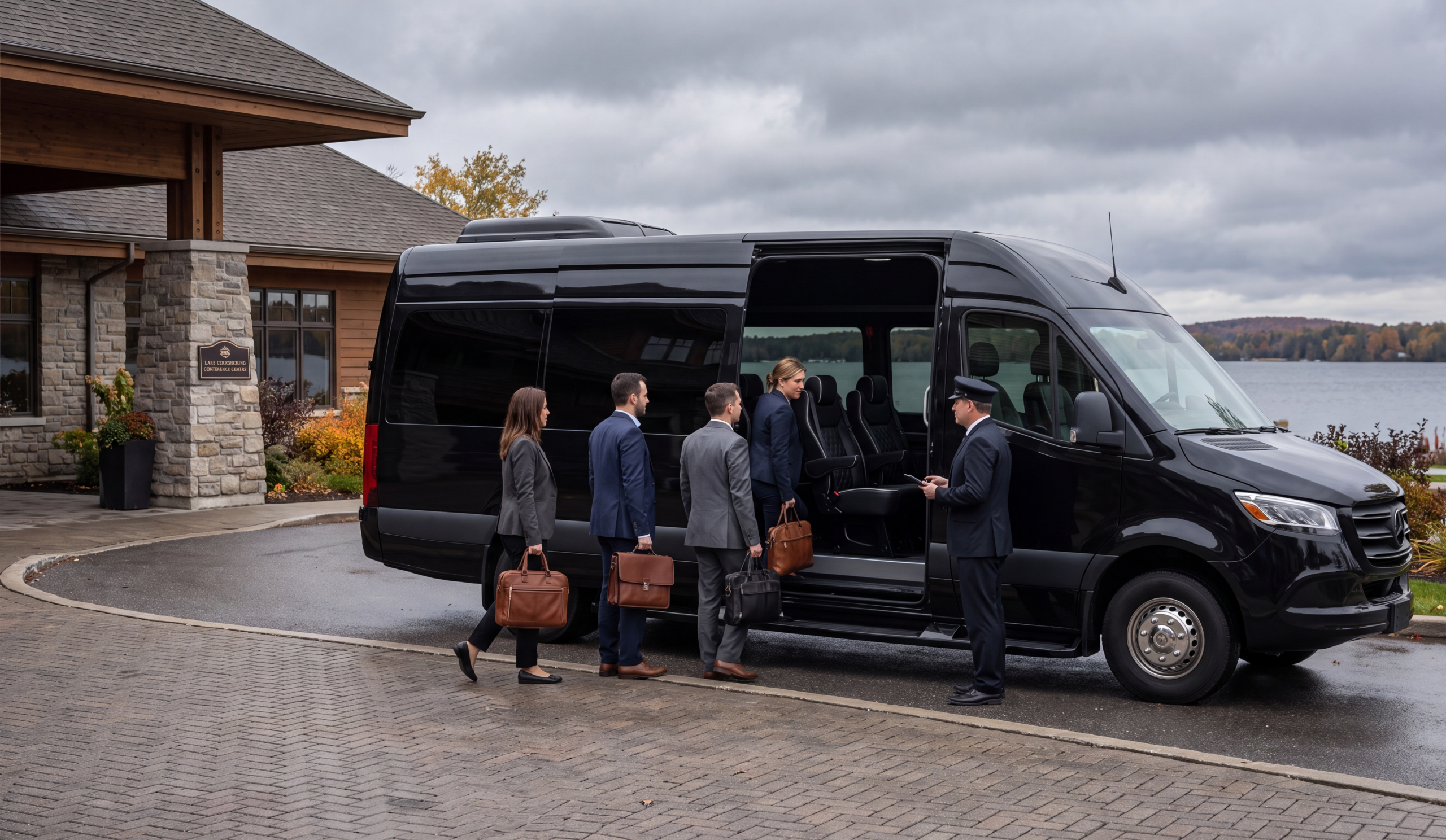 Four executives with briefcases boarding a black Sprinter van at the Lake Couchiching Conference Centre while the chauffeur checks a tablet manifest