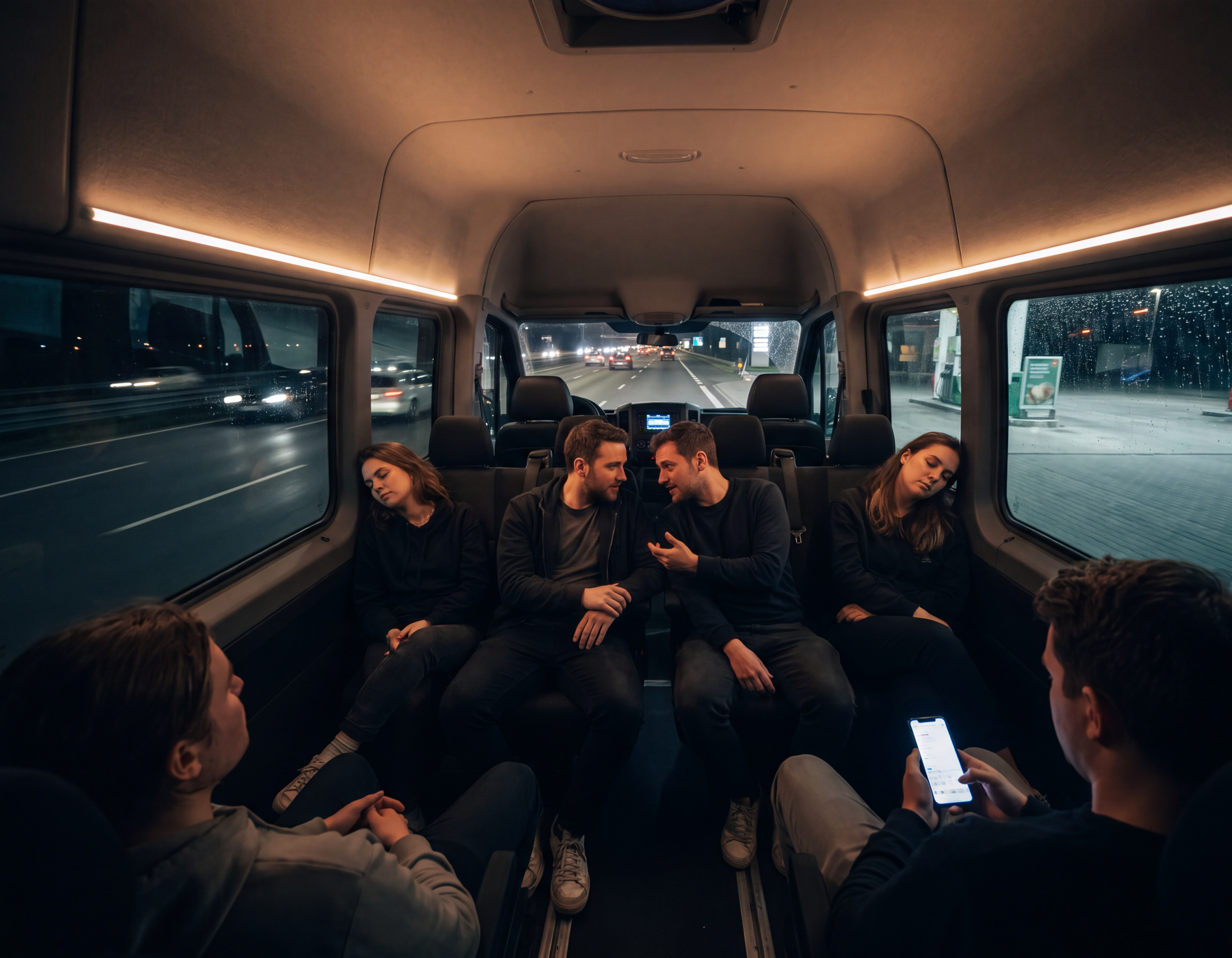 Young passengers relaxed inside a black Mercedes-Benz Sprinter cabin on the late-night ride home