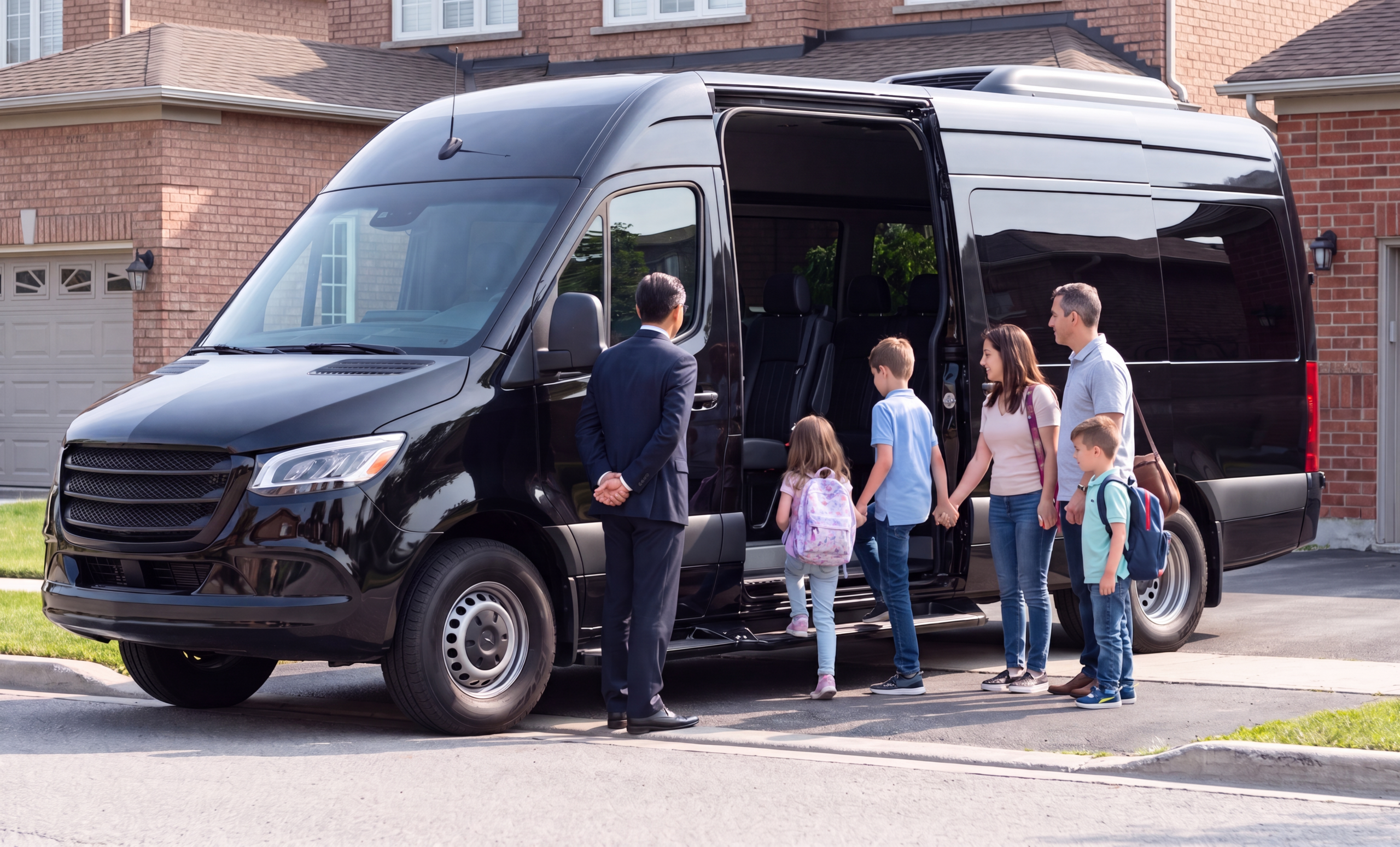 Brantford Airport Limo Service: Executive & Wedding Car Service to Pearson 10 Family with children boarding a black Sprinter van at a residential curb