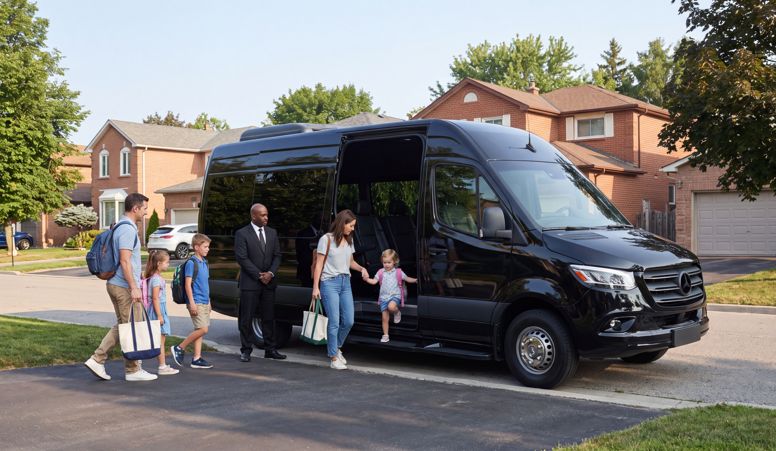 A family with children boarding a black Mercedes-Benz Sprinter van in a residential driveway in daylight, the chauffeur standing by the open door