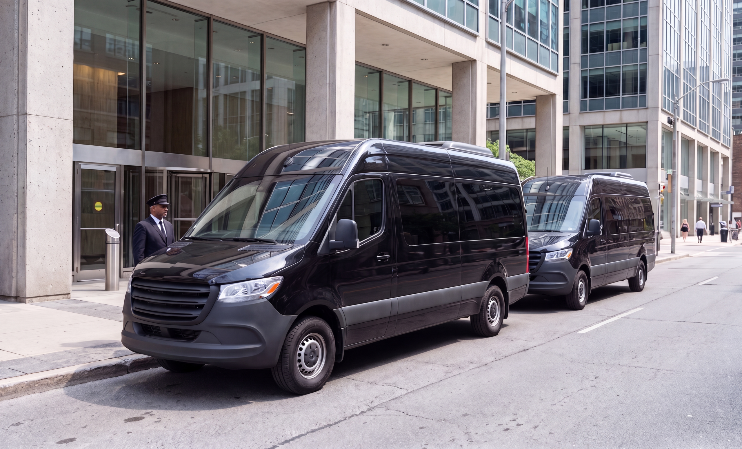 Black Regular and Executive Sprinter vans staged together for a Toronto to Orillia route at midday