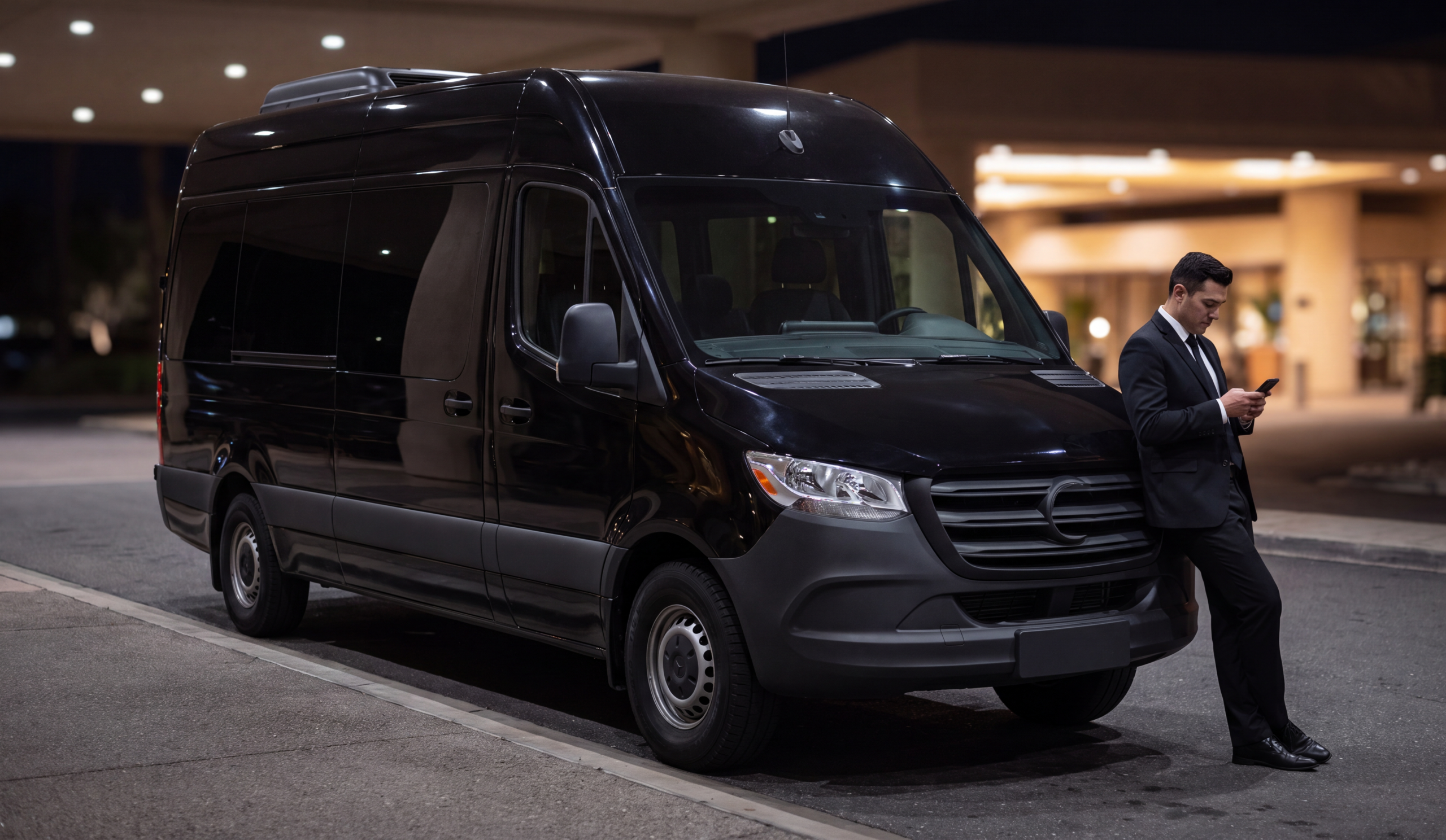 Sprinter Van Ski Shuttle Blue Mountain - 14-Pax from $175/hr 7 A chauffeur leaning against a parked black Sprinter van at night outside a lit hotel portico, checking a phone while waiting