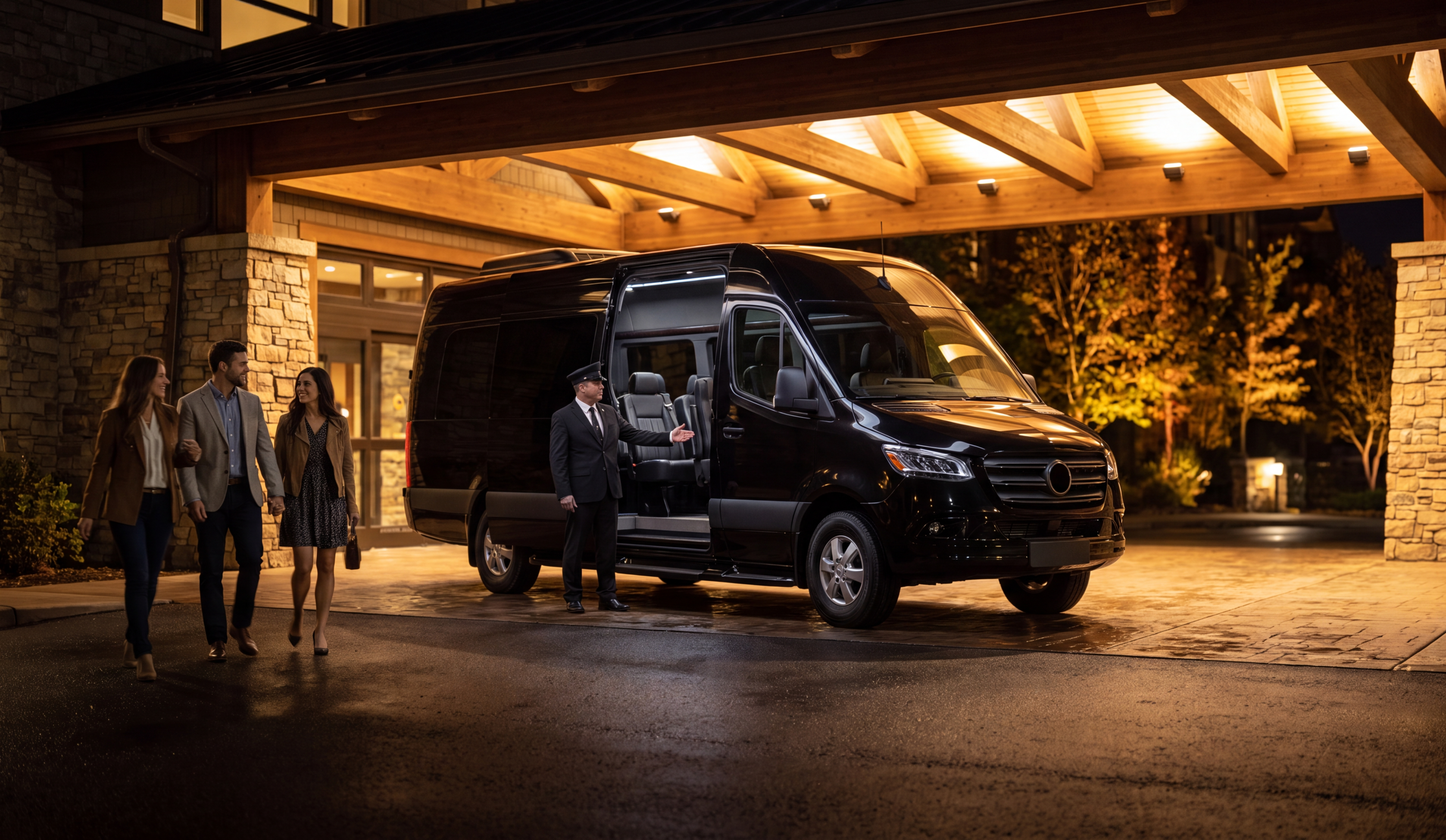 Brantford Airport Limo Service: Executive & Wedding Car Service to Pearson 9 Chauffeur greeting an executive group under a hotel porte cochere at night