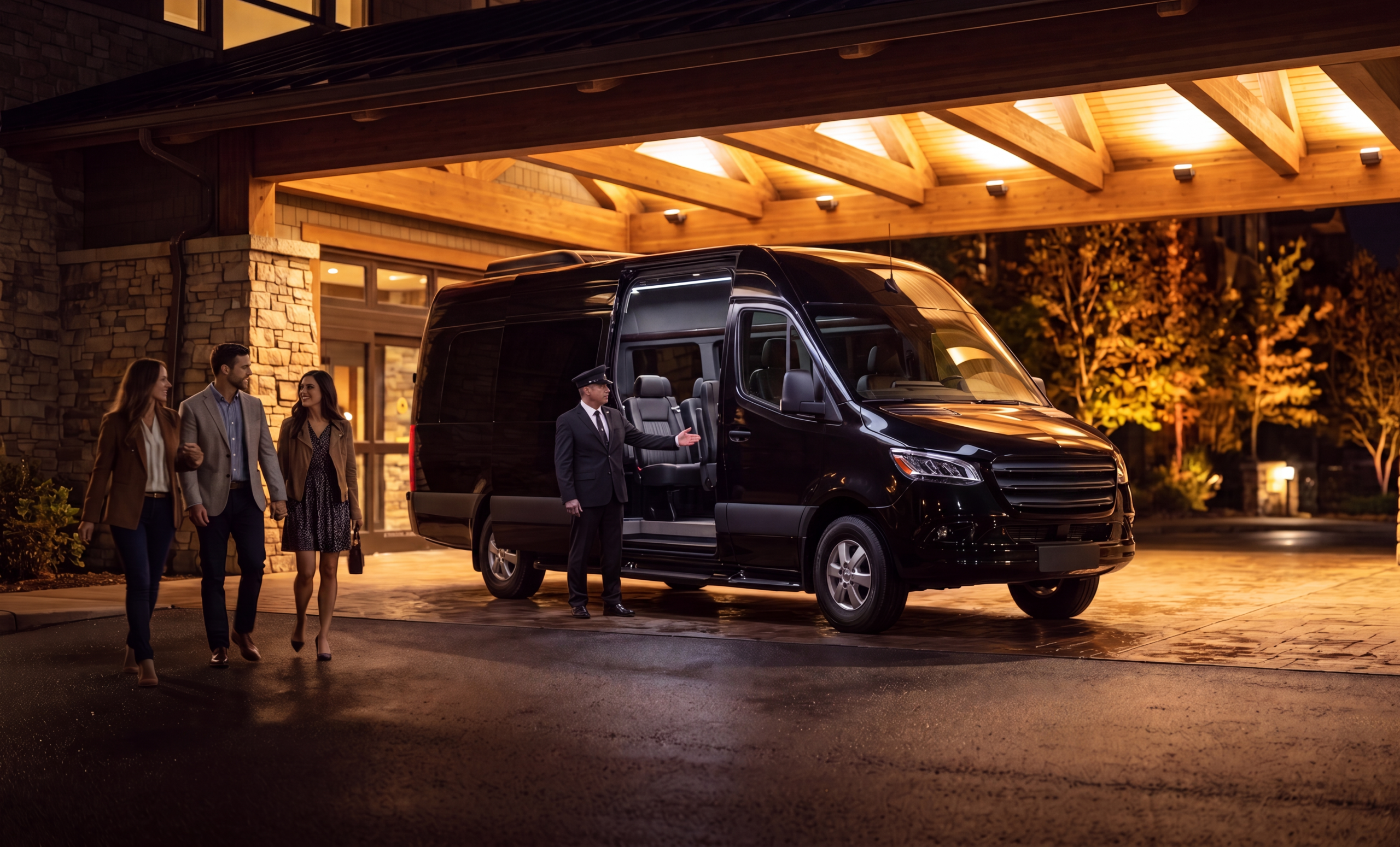 Black Sprinter van staged under an entertainment venue porte-cochere glow at night, unlettered