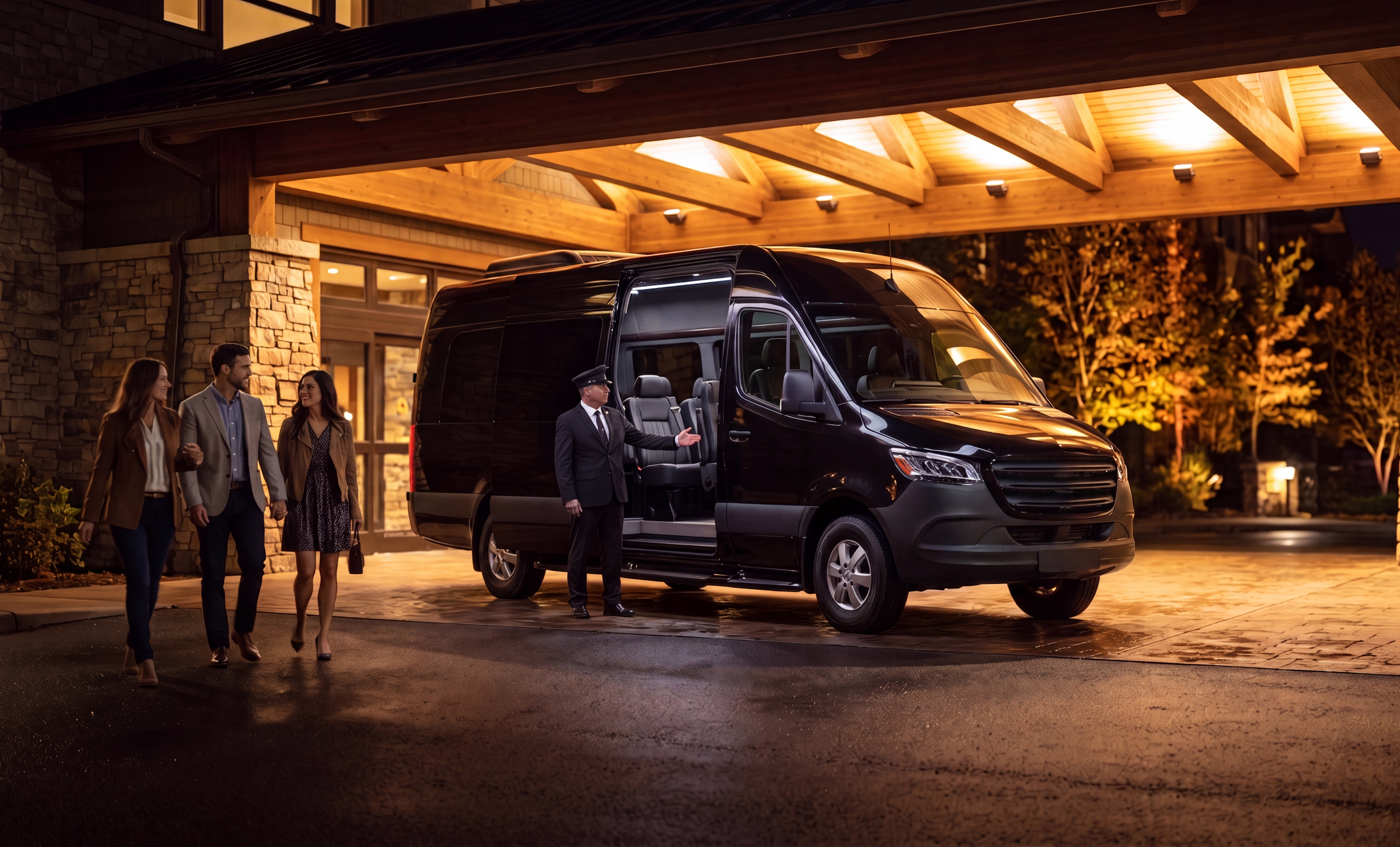 Chris Brown & Usher Toronto Concert Transportation - The R&B Tour 2026 5 Chauffeur holding the door on a black Mercedes Sprinter under a lit porte-cochere at night